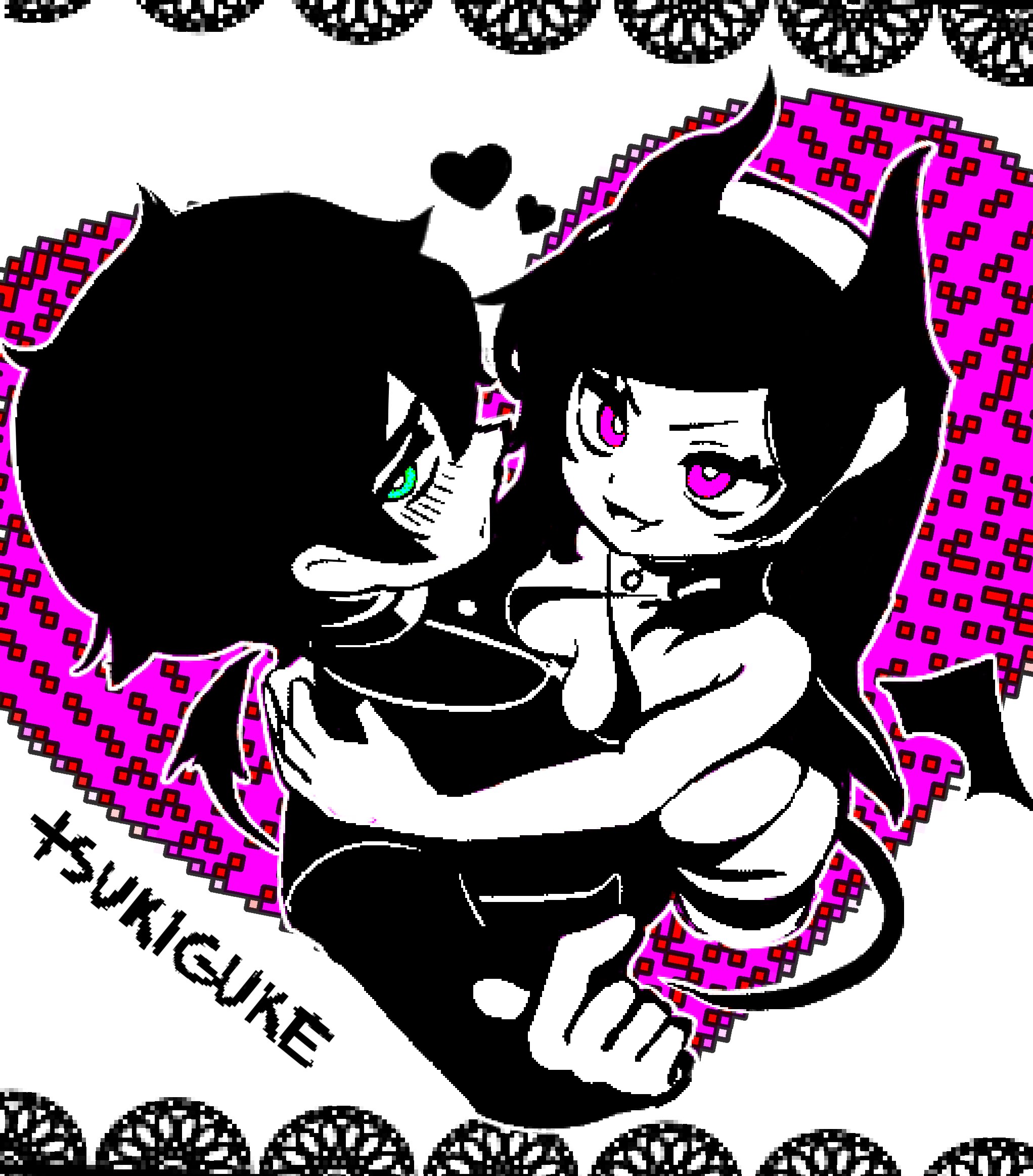 1boy, 1girls, 2d, andrew graves, ashley graves, black hair, blush, breasts, brother and sister, choker, demon, female, green eyes, horns, incest, looking at viewer, male, pink eyes, priest, siblings, straight, succubus, tail, the coffin of andy and leyley, tsukiguke, wings