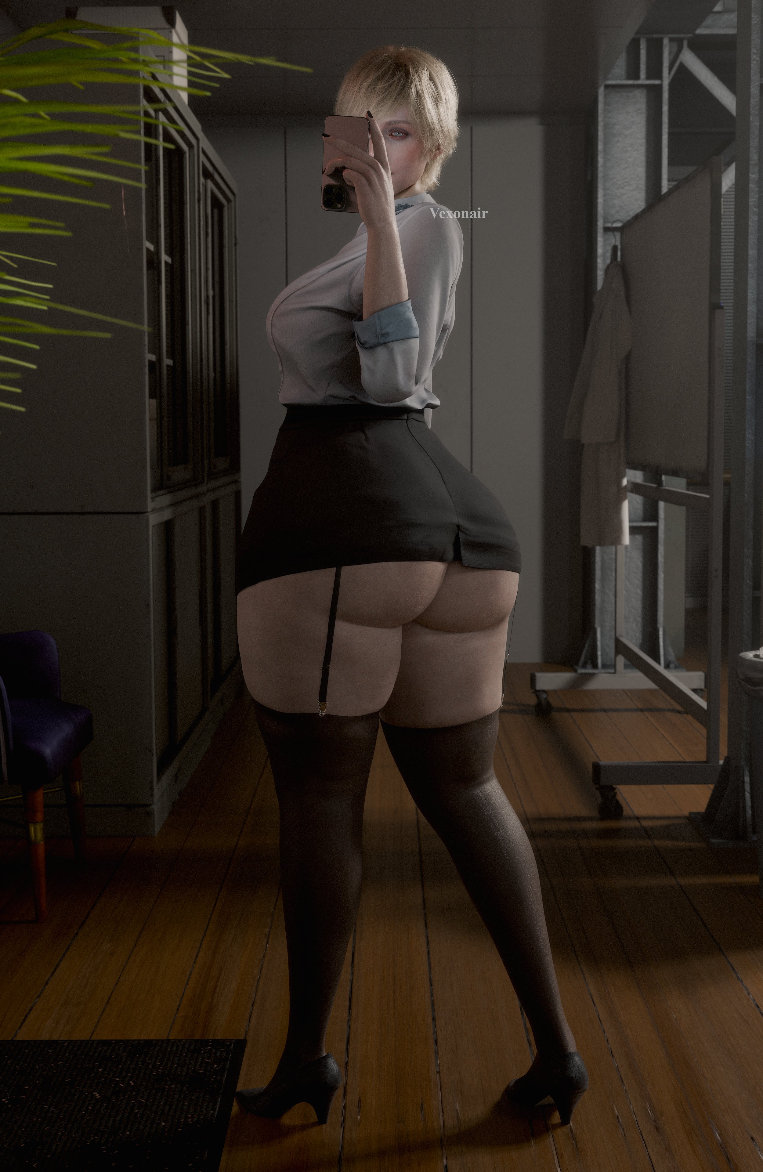 1girls, 3d, 3d (artwork), 3d model, 40 year old, ass, ass selfie, big ass, black legwear, black stockings, blonde, blonde female, blonde hair, blonde-haired female, blue eyes, breasts, female, garter straps, hair, heels, indoors, light skin, light-skinned female, lips, mature, mature female, mature woman, phone, resident evil, resident evil 9: requiem, selfie, sherry birkin, sherry birkin (bridgette haze), skirt, solo, solo female, standing, stockings, vexonair, youthful, youthful face, youthful features, youthful look