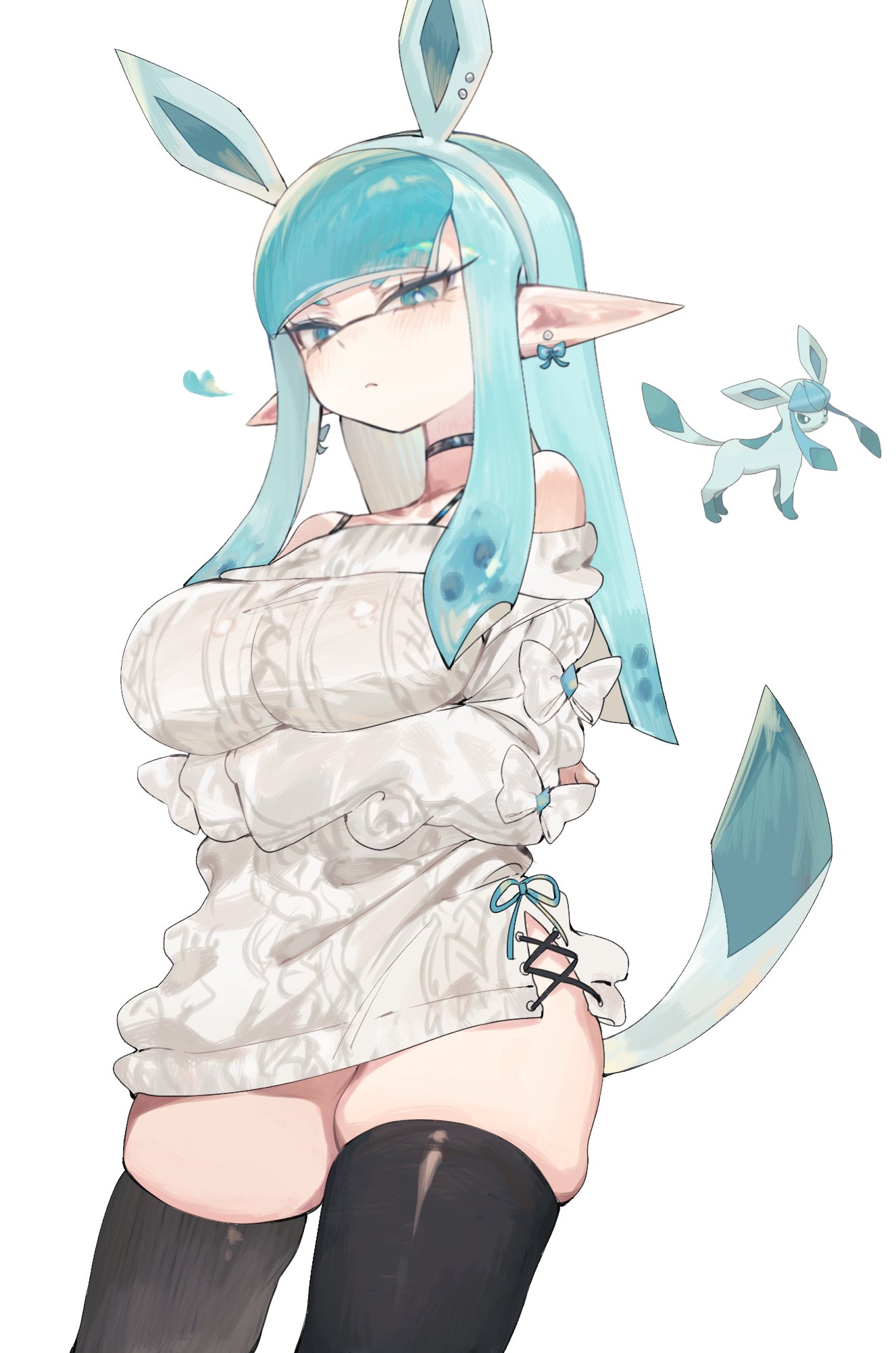 1girls, arms under breasts, big breasts, black thighhighs, blue eyes, blue hair, blush, choker, crossed arms, eeveelution, eyelashes, female, female only, generation 4 pokemon, glaceon, hi res, humanoid, hybrid, inkling, inkling girl, long hair, looking at viewer, nintendo, pointy ears, pokegirl, pokemon, pokemon (species), reference image, solo, splatoon, sweater, tail, thigh squish, thighhighs, toge77789, togetoge, white background