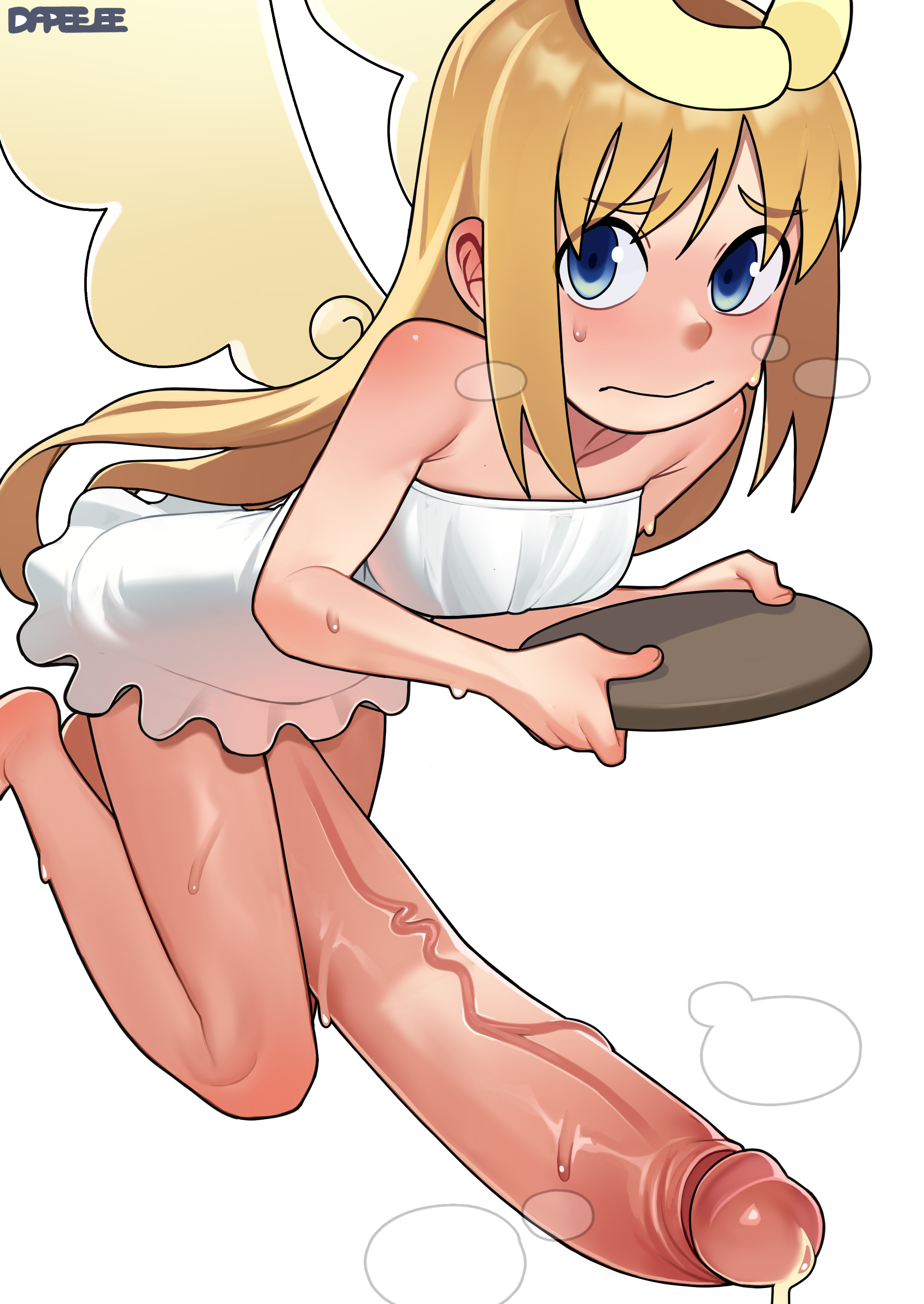 1futa, angel, angel wings, blonde hair, blue eyes, blush, bottomless, bottomless female, clothed, clothing, crimvael, cum, cum leaking, dapeejee, erection, erection under skirt, futanari, halo, huge cock, hyper, ishuzoku reviewers, light skin, light-skinned futa, partially clothed, penis, pyjyd, shy, small but hung, solo
