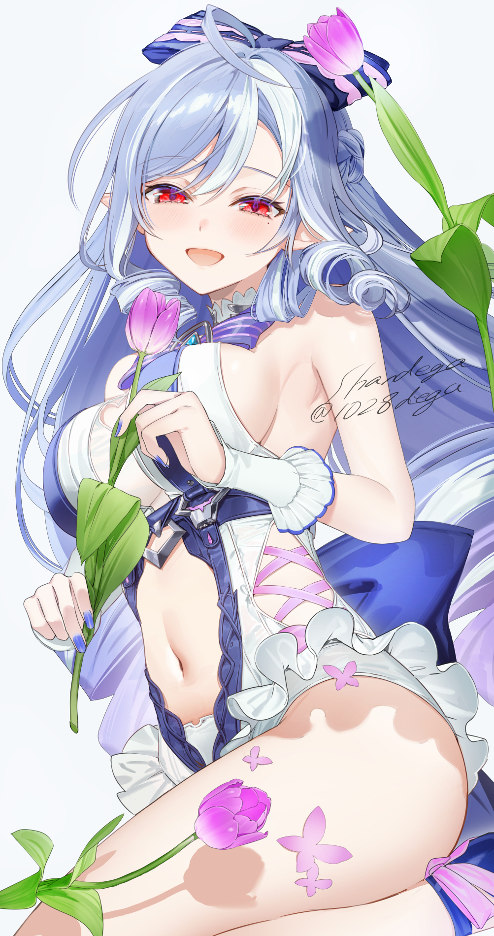 1girls, breasts, dega1028, exposed breasts, female, hoyoverse, legs, long hair, mihoyo, official alternate costume, purple hair, red eyes, swimsuit, vivian banshee, vivian banshee (iris of the shore), white swimsuit, zenless zone zero
