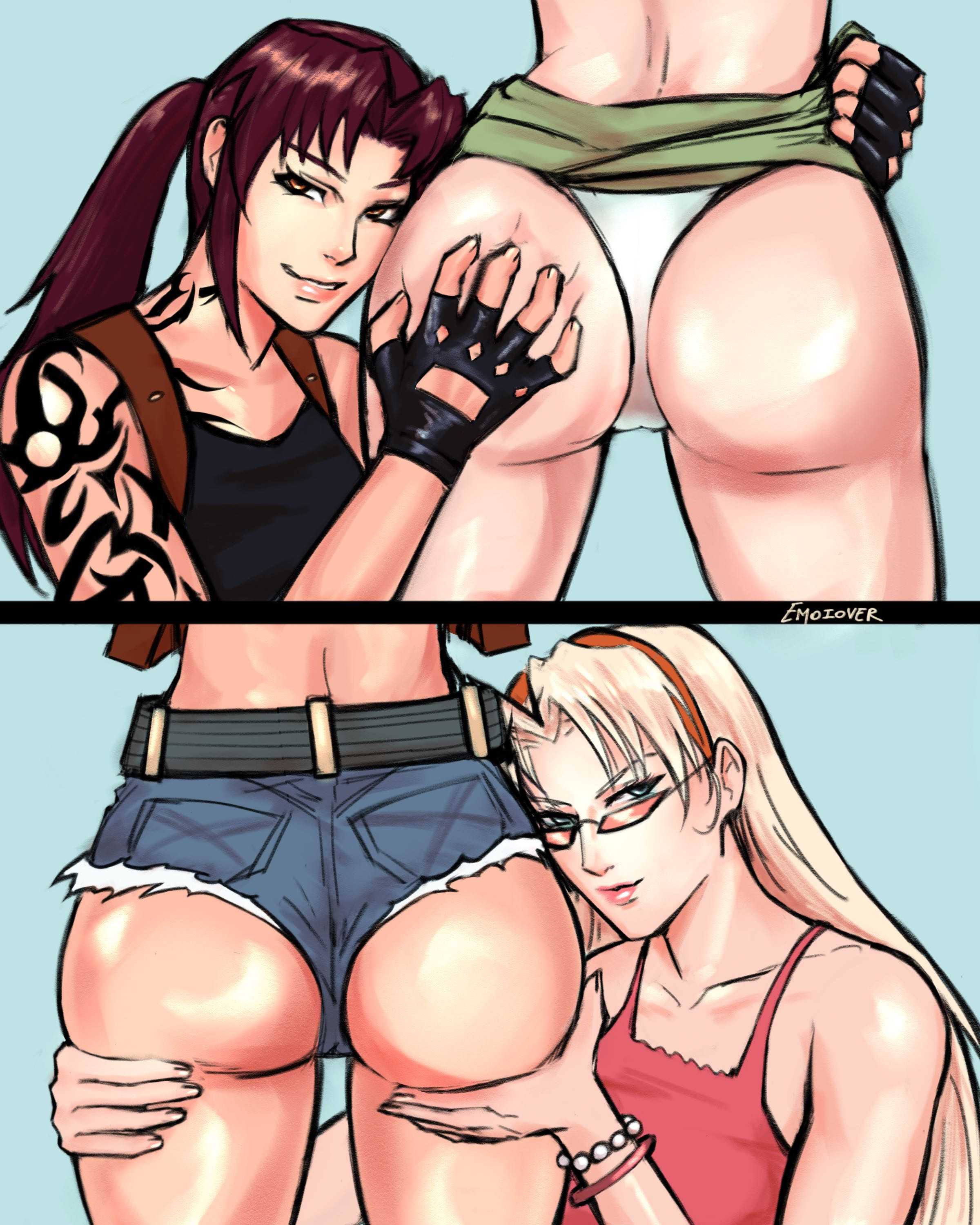 2girls, ass, ass focus, ass grab, assisted presentation, black lagoon, blonde hair, dat ass, eda, emoiover, female, female only, panties, purple hair, revy