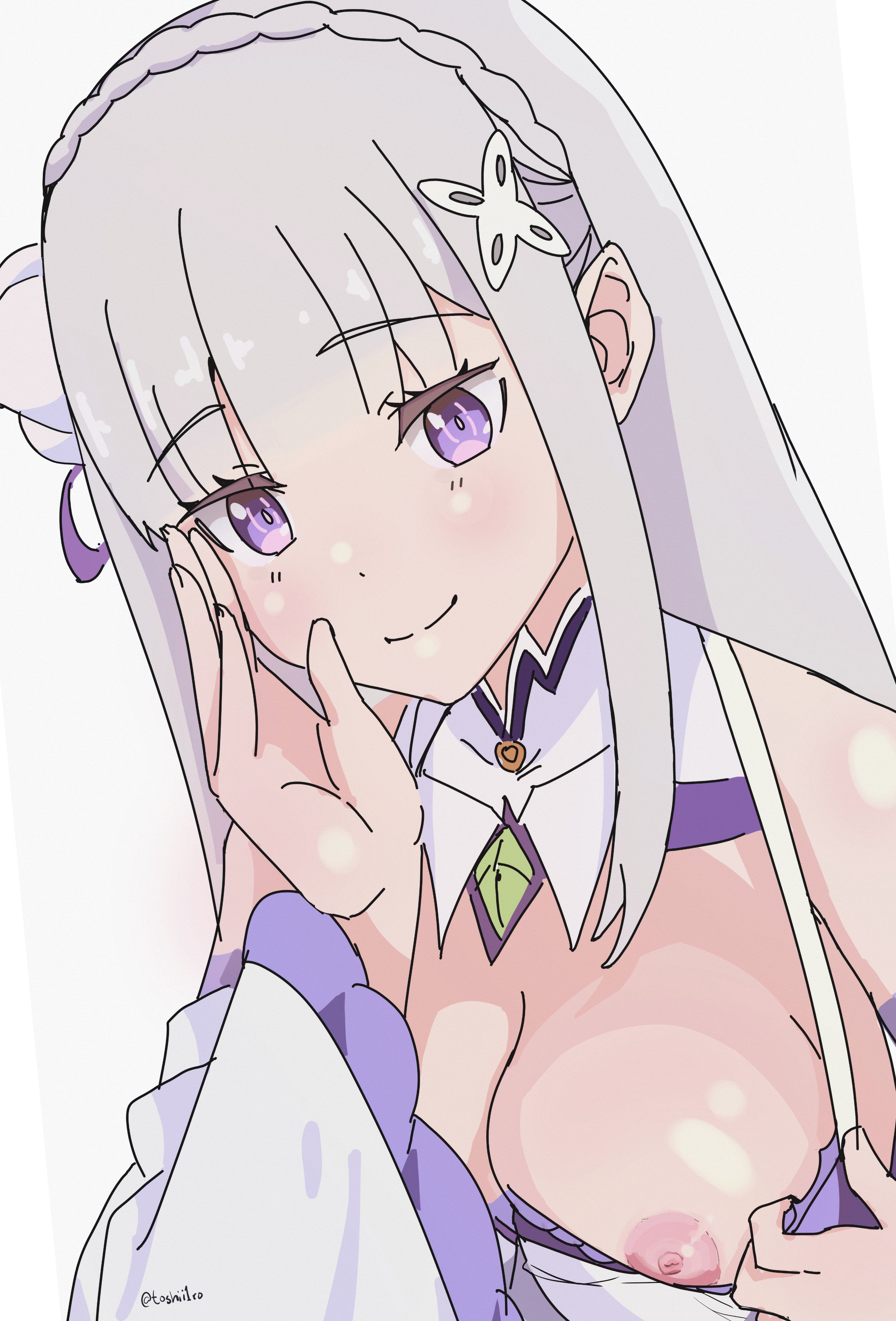 1girls, boobs, breasts, breasts focus, breasts out, breasts out of clothes, cleavage, dress pull, elf, elf ears, elf female, emilia (re:zero), exposed breasts, flashing, flashing breasts, looking at viewer, nipples, offering sex, offering to viewer, purple eyes, re:zero kara hajimeru isekai seikatsu, silver hair, solo, toshii1ro, undressing, white background