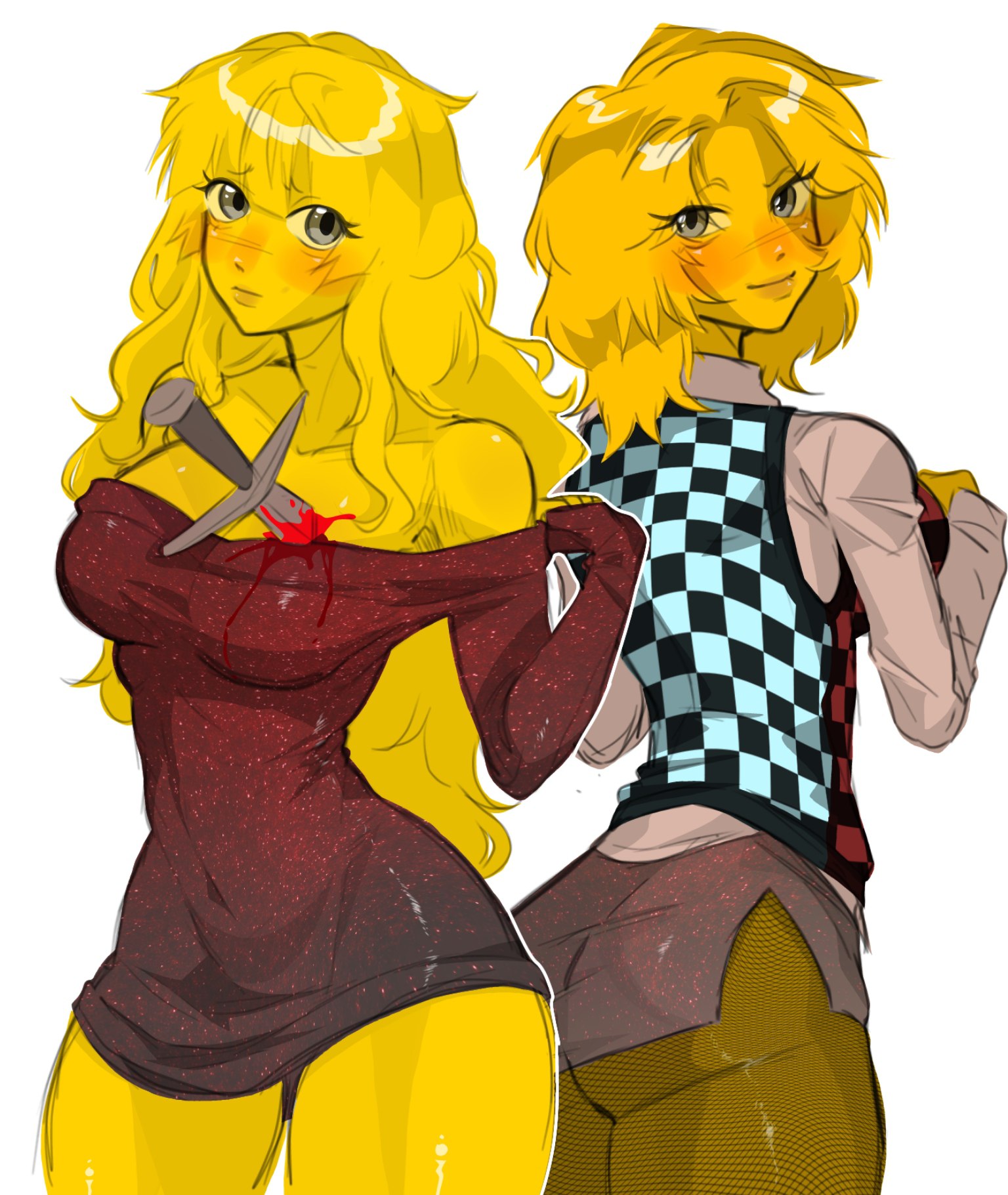 2girls, ass, blush, breasts, cleavage, clothed, clothing, devesto, die of death (roblox), looking at viewer, mequot, nefarmal, roblox, roblox game, robloxian, rule 63, self upload, tagme, thighs