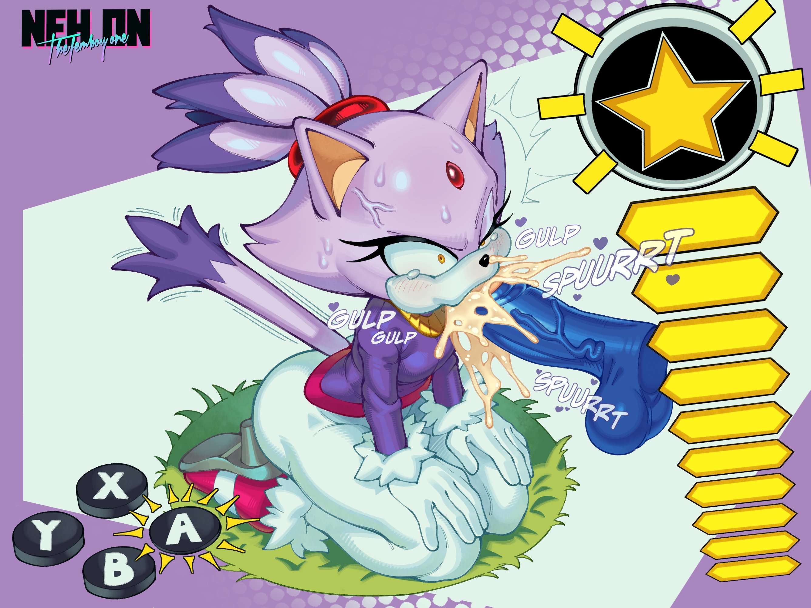 1boy, 1girls, 2d, 2d (artwork), 2d artwork, alternate version available, blaze the cat, blue body, blue fur, blue skin, cum, cum in mouth, disembodied penis, erection, female, game ui, gameplay mechanics, kneeling, kneeling oral position, male, male/female, neh on, on knees, oral, partial male, penis, saliva, saliva on penis, saliva trail, sega, sonic (series), sonic rush, sonic the hedgehog, sonic the hedgehog (series), video game character, video games