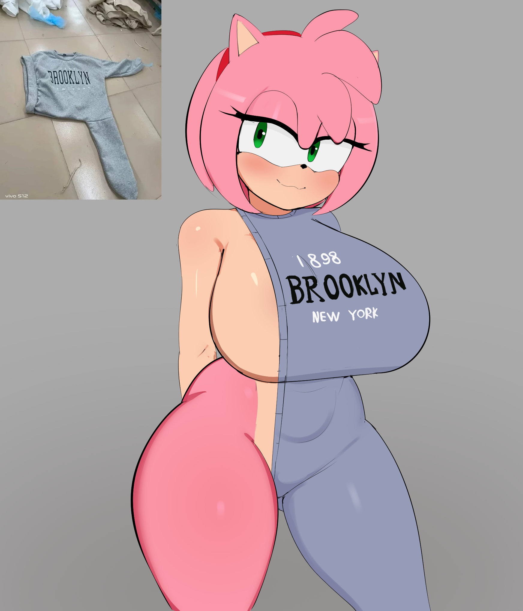 1girls, amy rose, big breasts, blush, brooklyn sweater, g3mma, huge breasts, meme, sonic (series), sonic the hedgehog (series), tagme