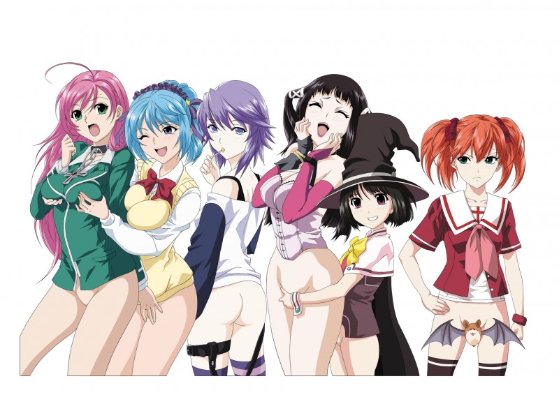 6girls age_difference akashiya_moka black_hair blue_hair bottomless breast_grab female female_only kurono_kurumu long_hair multiple_girls open_mouth orange_hair pink_hair purple_hair rosario+vampire school_uniform sendo_yukari shirayuki_mizore short_hair shuzen_kokoa succubus toujou_ruby white_background