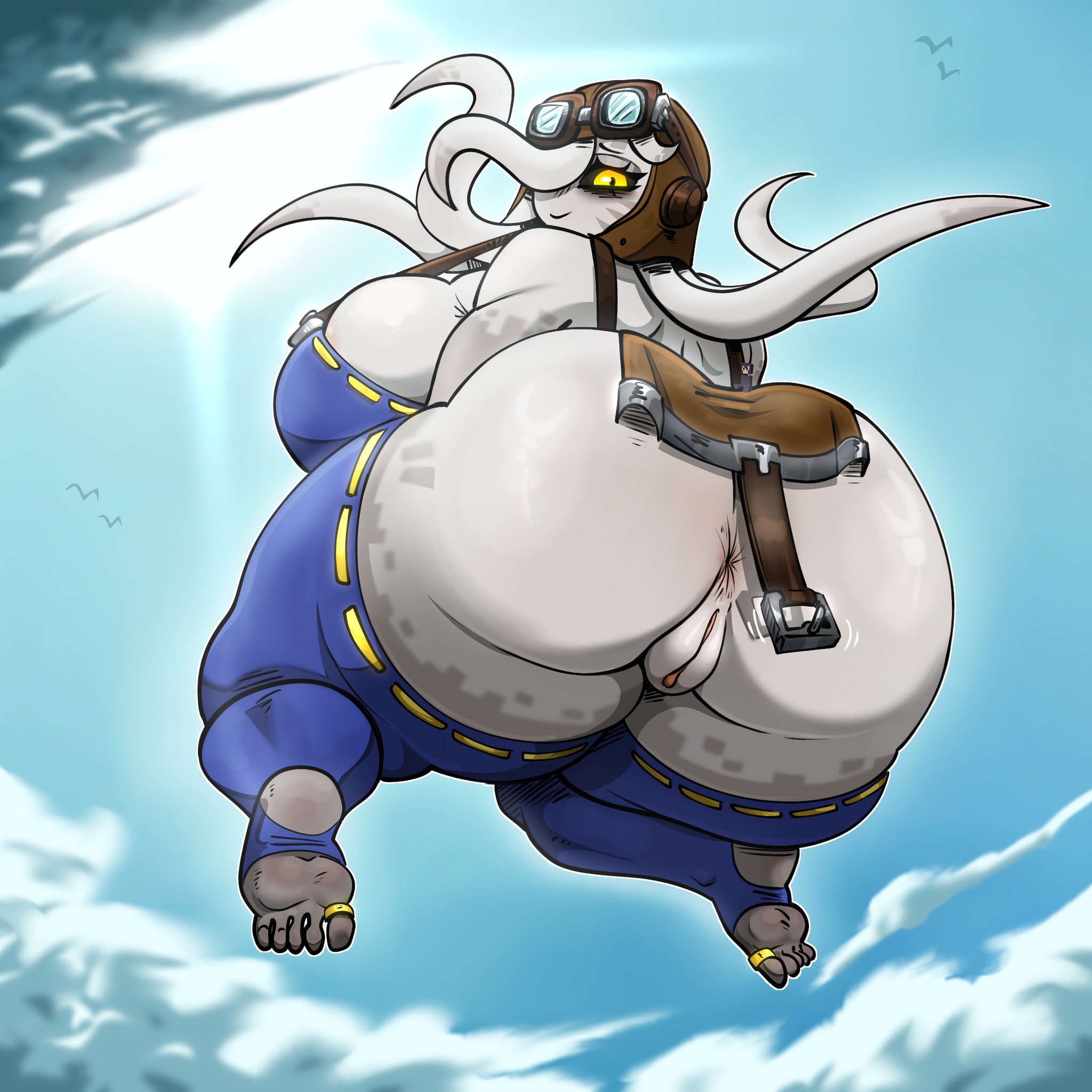 1boy, 1girls, anus, bigger female, floating, flying, gallo wazavi, ghast (minecraft), giantess, happy ghast (minecraft), larger female, mature female, microsoft, minecraft, mojang, monster, pussy, saddle, steve (minecraft), taller female, tiny, tiny male, voluptuous