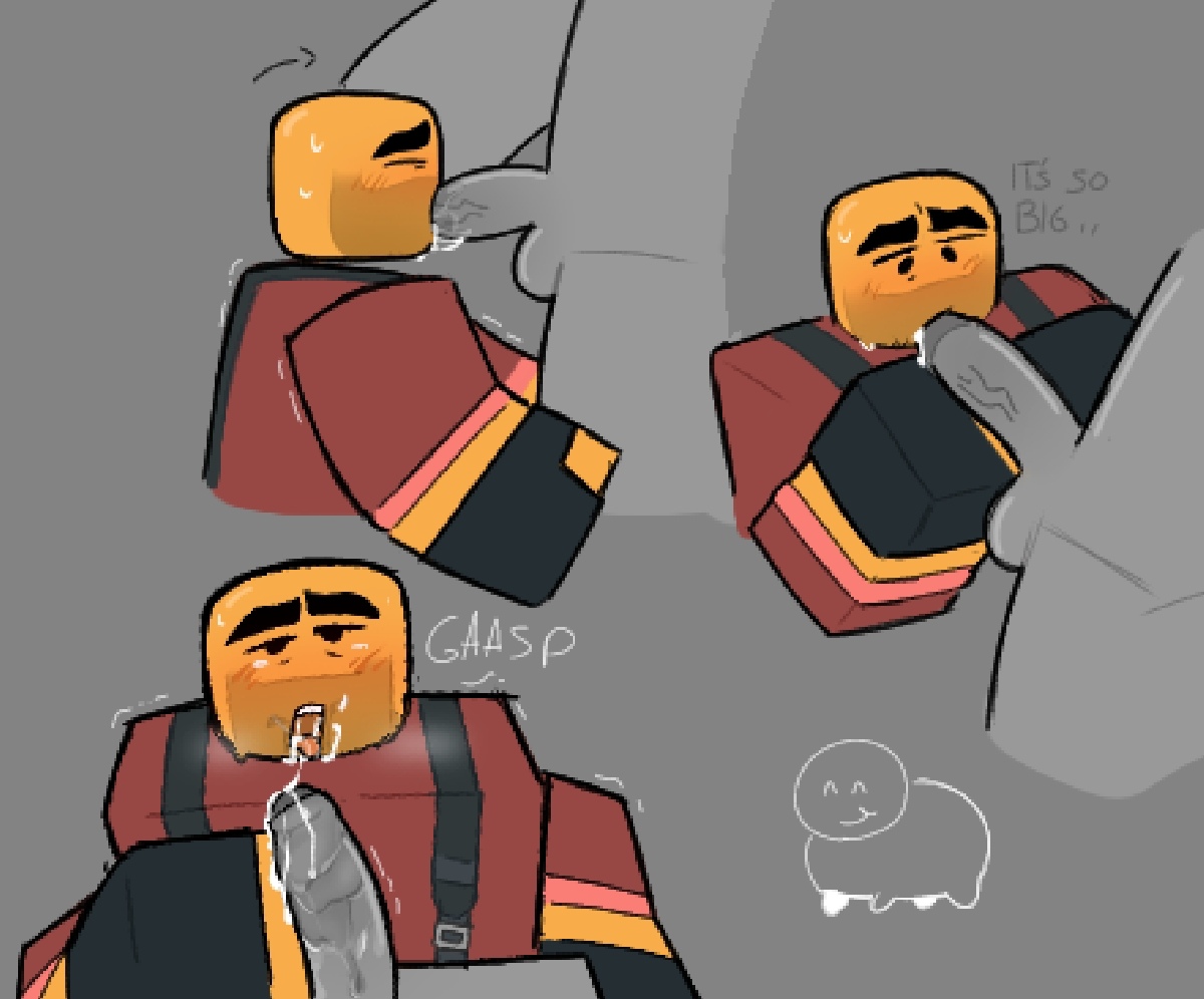2boys, 5 o'clock shadow, balls, blocky body, blowjob, blush, clothed, evil spongebob2, gay, looking at penis, male only, minigunner (tds), nude, oral, penis, roblox, roblox game, robloxian, saliva, saliva trail, tagme, tower defense simulator