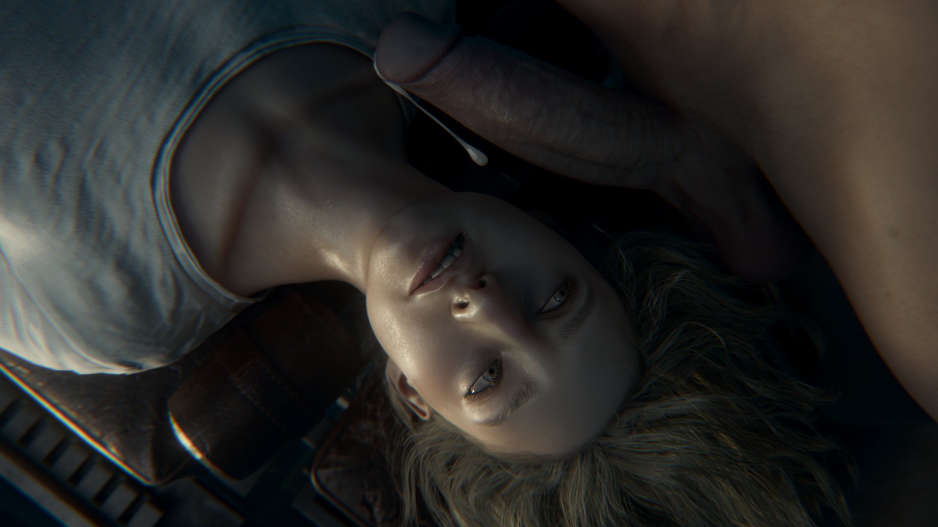 1boy, 1girls, 3d, 3d (artwork), 3d model, balls, big balls, big penis, biohazard, blender, blonde female, blonde hair, bluelight, capcom, clothed female nude male, cum, cum drip, cum leaking, female, grace ashcroft, grace ashcroft (julia pratt), huge cock, inminent blowjob, light skin, light-skinned female, looking at another, looking at penis, male, male on female, male on top, male/female, penis, resident evil, resident evil 9: requiem, restrained, short hair, tagme, upside-down, wavy hair
