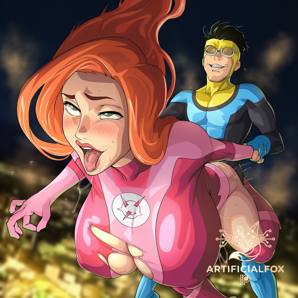 1boy, 1girls, ahe gao, ai generated, alternate breast size, artificialfox, atom eve, blush, bodysuit, breasts, female, gloves, green eyes, invincible, invincible (tv series), large breasts, long hair, male, mark grayson, open mouth, orange hair, saliva, sex, sex from behind, straight, superhero, sweat, teeth, tongue, tongue out, torn bodysuit, torn clothes