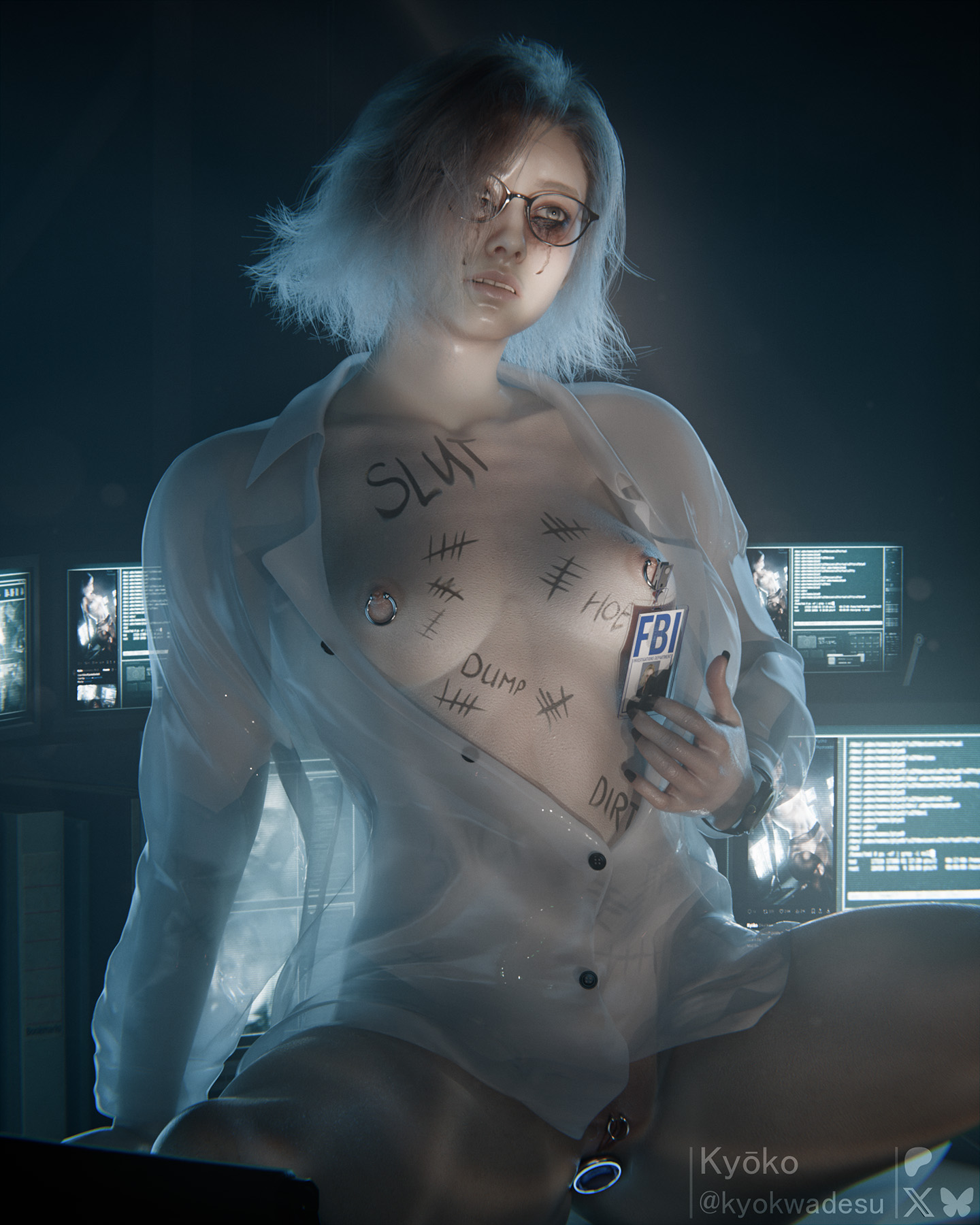 1girls, 2026, 3d, anal, anal insertion, anal masturbation, ass, black nail polish, blonde hair, body markings, breasts, buttplug, buttplug in ass, clit piercing, clitoral hood, clitoris, clitoris piercing, desk, eyeglasses, eyewear, female, female only, functionally nude, grace ashcroft, grace ashcroft (julia pratt), indoors, kyokwadesu, labia majora, labia minora, legs spread, long fingernails, mascara, mascara tears, medium breasts, megane, nail polish, navel piercing, nipple piercing, nipple rings, nude, nude female, painted nails, pierced nipples, piercing, piercings, platinum blonde hair, pussy, resident evil, resident evil 9: requiem, ruined makeup, runny makeup, see-through, see-through shirt, shirt, shirt only, sitting, sitting on desk, solo, spread legs, tally marks, wide hips, yellow eyes