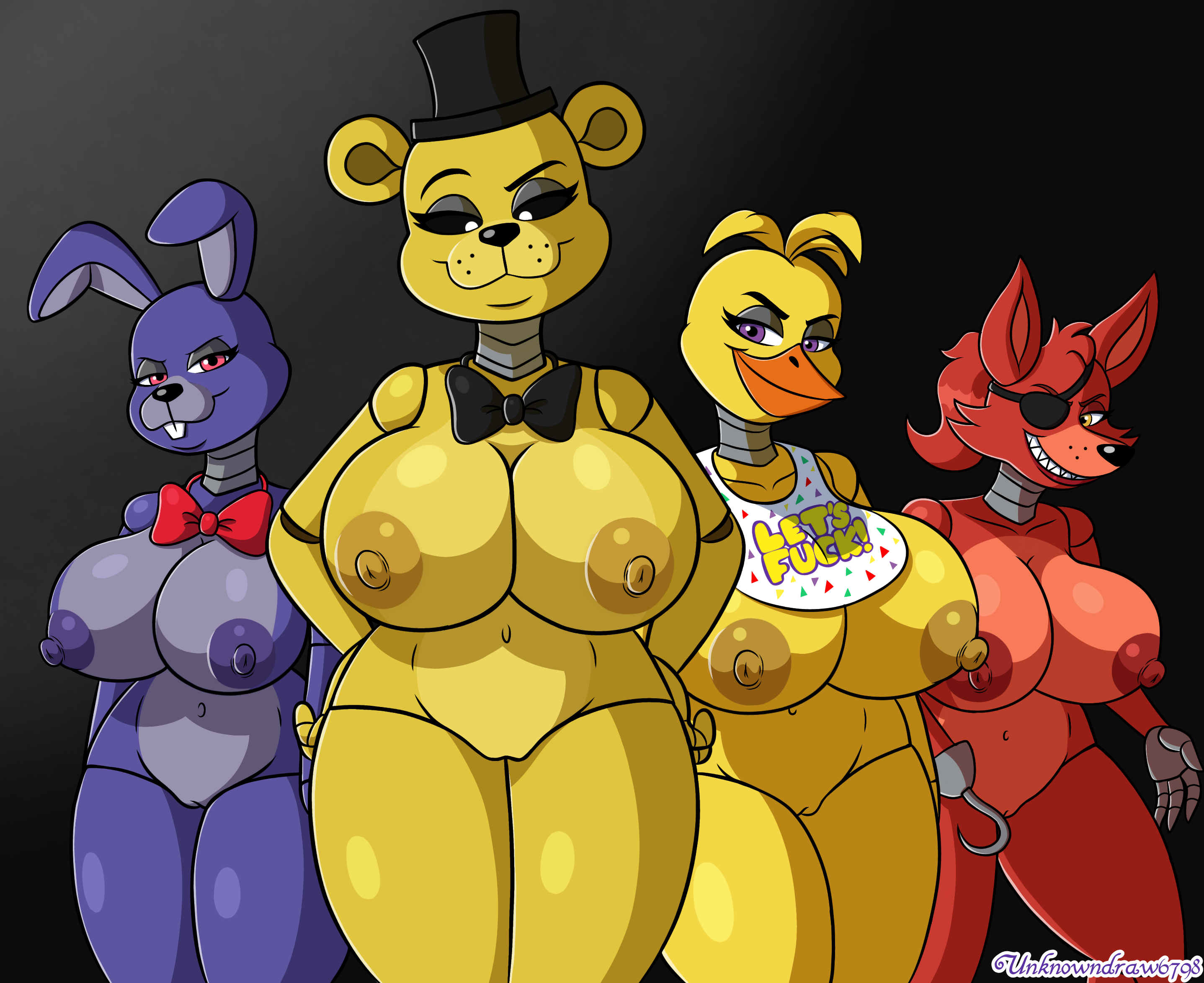 4girls, animatronic, anthro, areola, areolae, bear, big breasts, big nipples, big thighs, bonnie (fnaf), breasts, busty, busty female, chica (fnaf), chicken, classic chica (fnaf), curvy, curvy body, curvy female, curvy figure, female, female only, five nights at freddy's, fnaf, fox, foxy (fnaf), golden freddy (fnaf), hair, hat, hips, hips wider than shoulders, huge breasts, looking at viewer, mtf crossgender, nipples, pink eyes, purple body, purple eyes, pussy, rabbit, red body, robot, robot girl, robot humanoid, rule 63, sexy, sexy body, thick thighs, thighs, unknowndraw6798, vagina, video games, voluptuous, voluptuous female, yellow body, yellow eyes