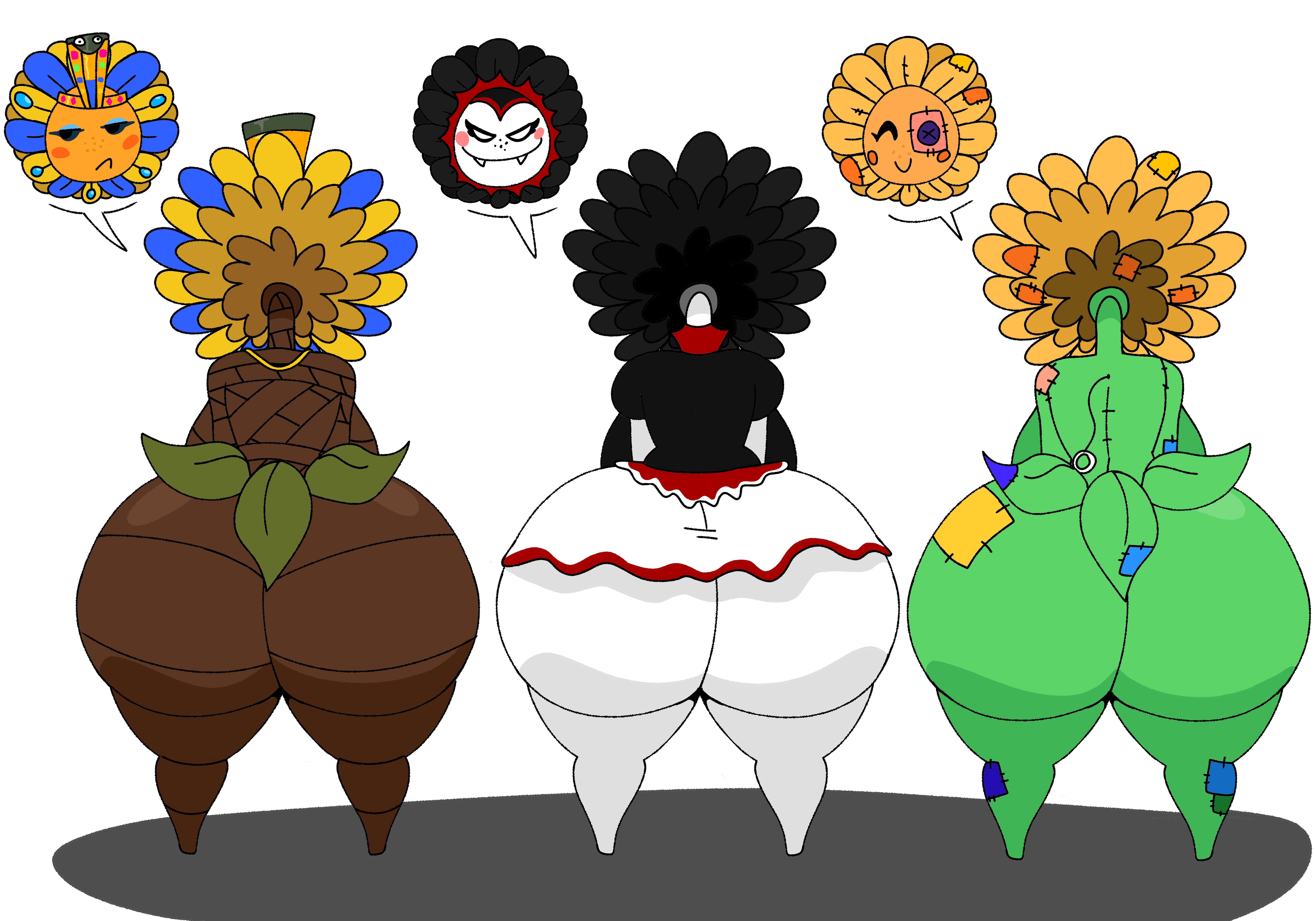 1girls, 3girls, anthro, anthrofied, ass, ass chart, ass focus, big breasts, breasts, electronic arts, eyes covered, female, flora fauna, itz not v, plant, plant humanoid, plantie, plants vs zombies, plants vs. zombies, popcap games, stuffy flower (pvz), sun pharaoh (pvz), sunflower (pvz), take your pick, vampire, vampire sunflower (pvz), video game character, video games