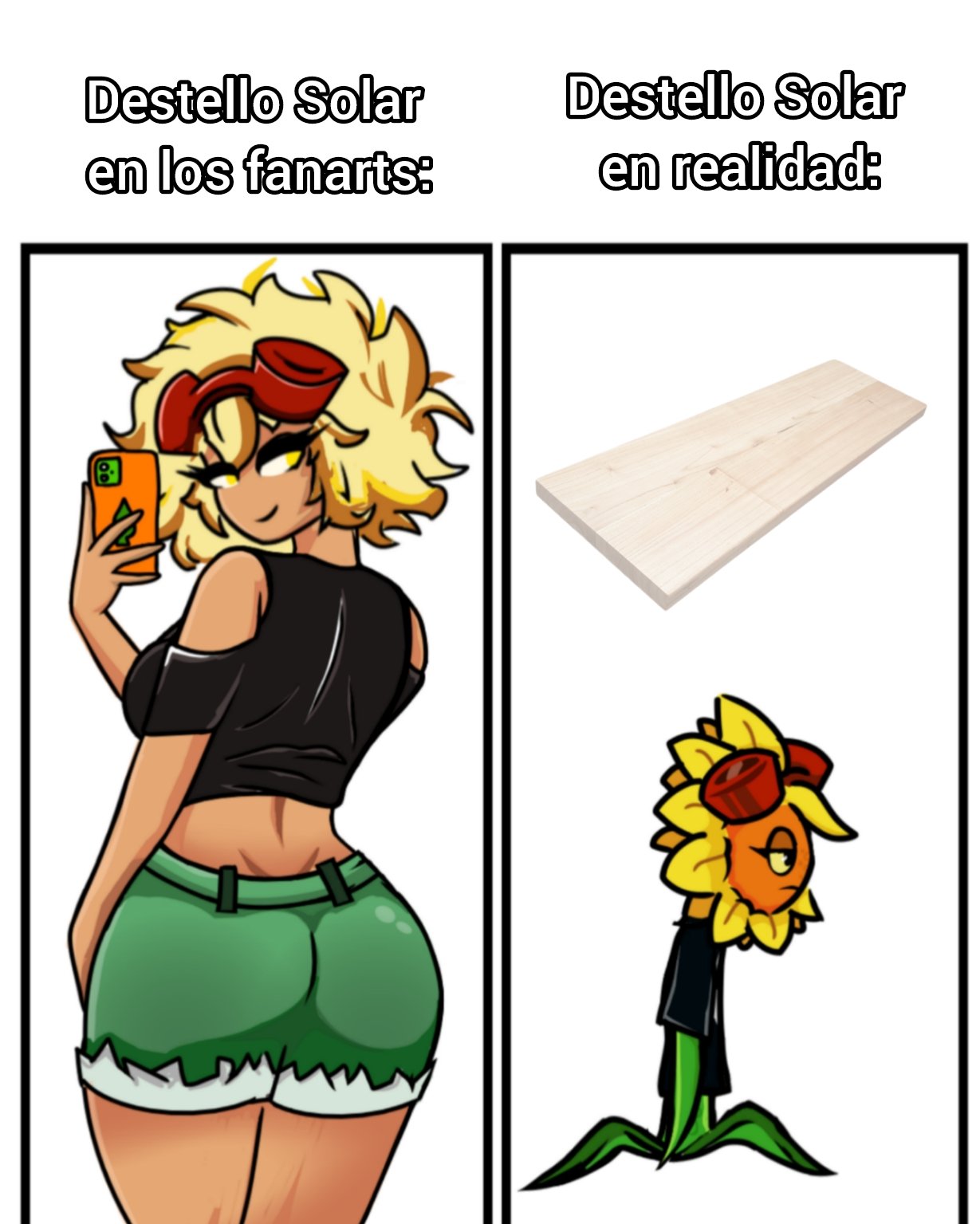 1girls, abs, anthro, anthrofied, ass, big ass, big breasts, breasts, canon vs fanon, canon vs fanon (meme), electronic arts, female, flora fauna, meme, plant, plant humanoid, plantie, plants vs zombies, plants vs. zombies, popcap games, sfexceed (artist), solar flare (peargor), solar flare (pvz), spanish text, sunflower (pvz), text, video game character, video games