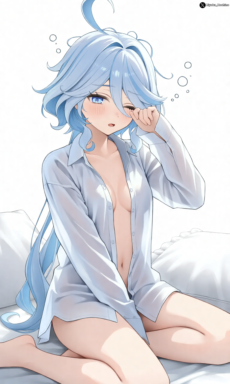 ai generated, alternate costume, animal ear hairband, animal ears, armpits, arms up, blue bow, blue bowtie, blue eyes, blue leotard, blush, bow, bowtie, breasts, cameltoe, cowlick, detached collar, drop-shaped pupils, eyelash ornament, fake animal ears, female, furina (genshin impact), genshin impact, hairband, happy birthday, highres, knee up, leotard, looking at viewer, on water, open mouth, playboy bunny, rabbit ear hairband, rabbit ears, rabbit pose, riyoka hoshino, small breasts, solo, strapless, strapless leotard, symbol-shaped pupils, thigh strap, umamipesto, white hair
