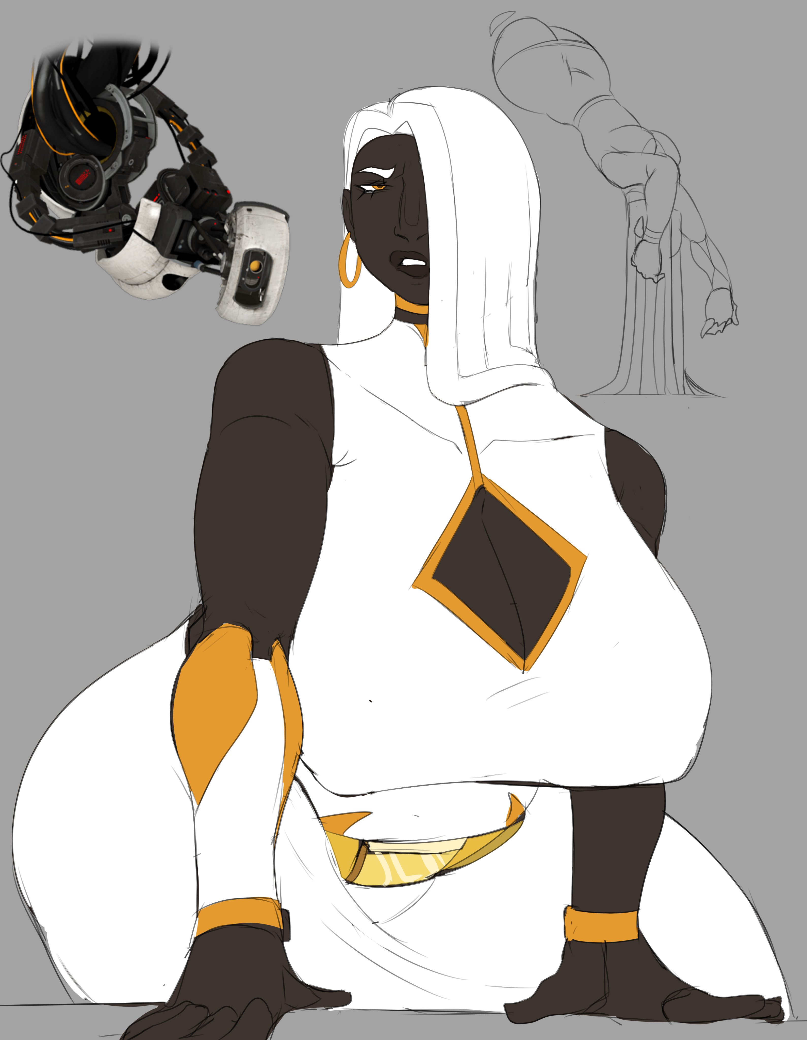 1girls, cleavage, cleavage cutout, earrings, glados, glados (mat zeus), hair over one eye, huge breasts, human, humanization, leaning forward, long hair, mat zeus, portal (series), solo, thick thighs, very dark skin, white dress, wide hips