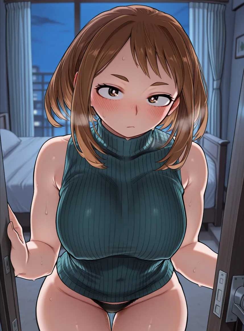 1girls, ai generated, bedroom, breasts, brown hair, brown-haired female, my hero academia, my hero academia (finale), ochako uraraka, open door, panties, sleeveless shirt