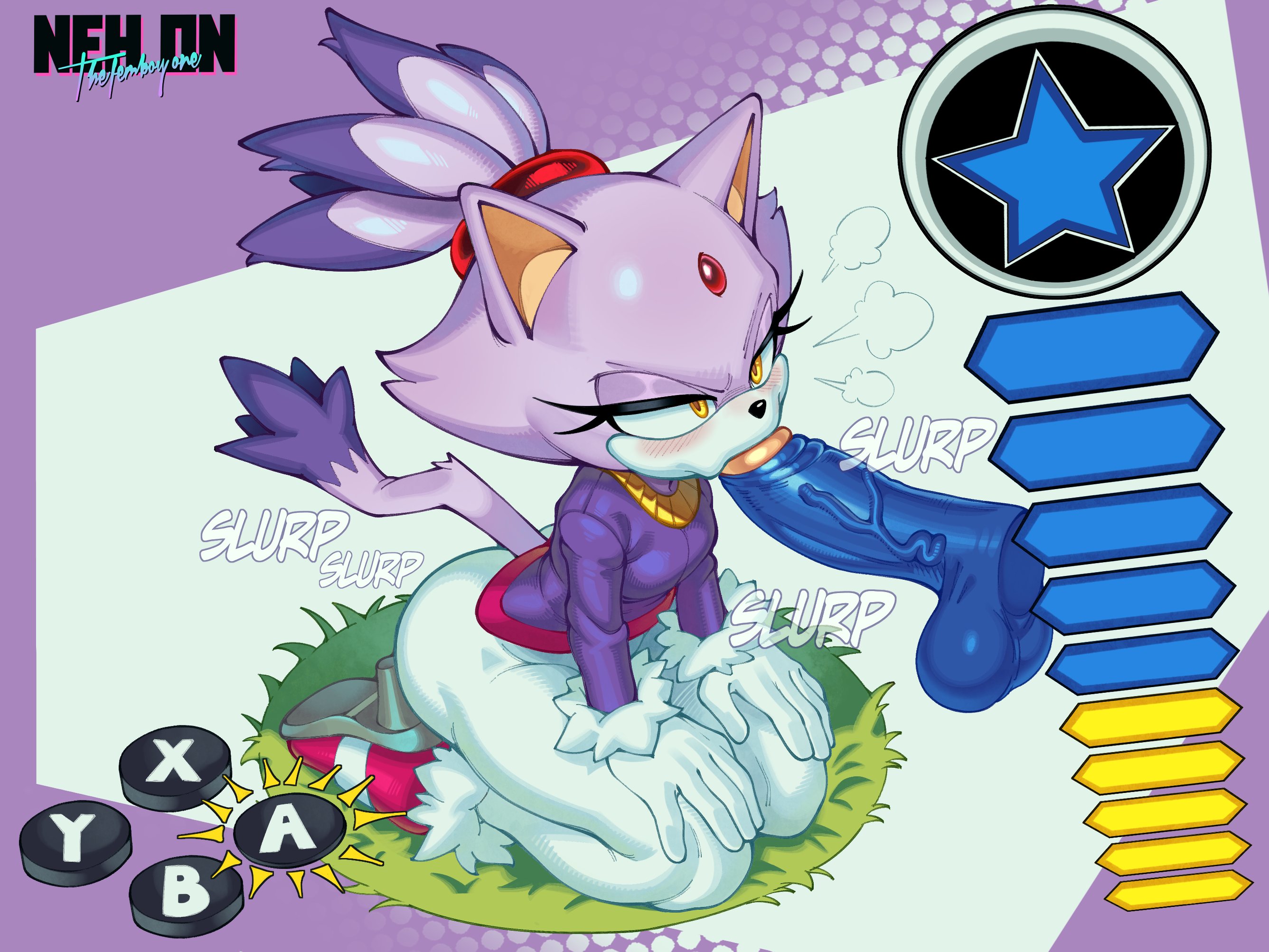 1boy, 1girls, 2d, 2d (artwork), 2d artwork, alternate version available, blaze the cat, blue body, blue fur, blue skin, disembodied penis, erection, female, game ui, gameplay mechanics, kneeling, kneeling oral position, male, male/female, neh on, on knees, oral, partial male, penis, saliva, saliva on penis, saliva trail, sega, sonic (series), sonic rush, sonic the hedgehog, sonic the hedgehog (series), video game character, video games