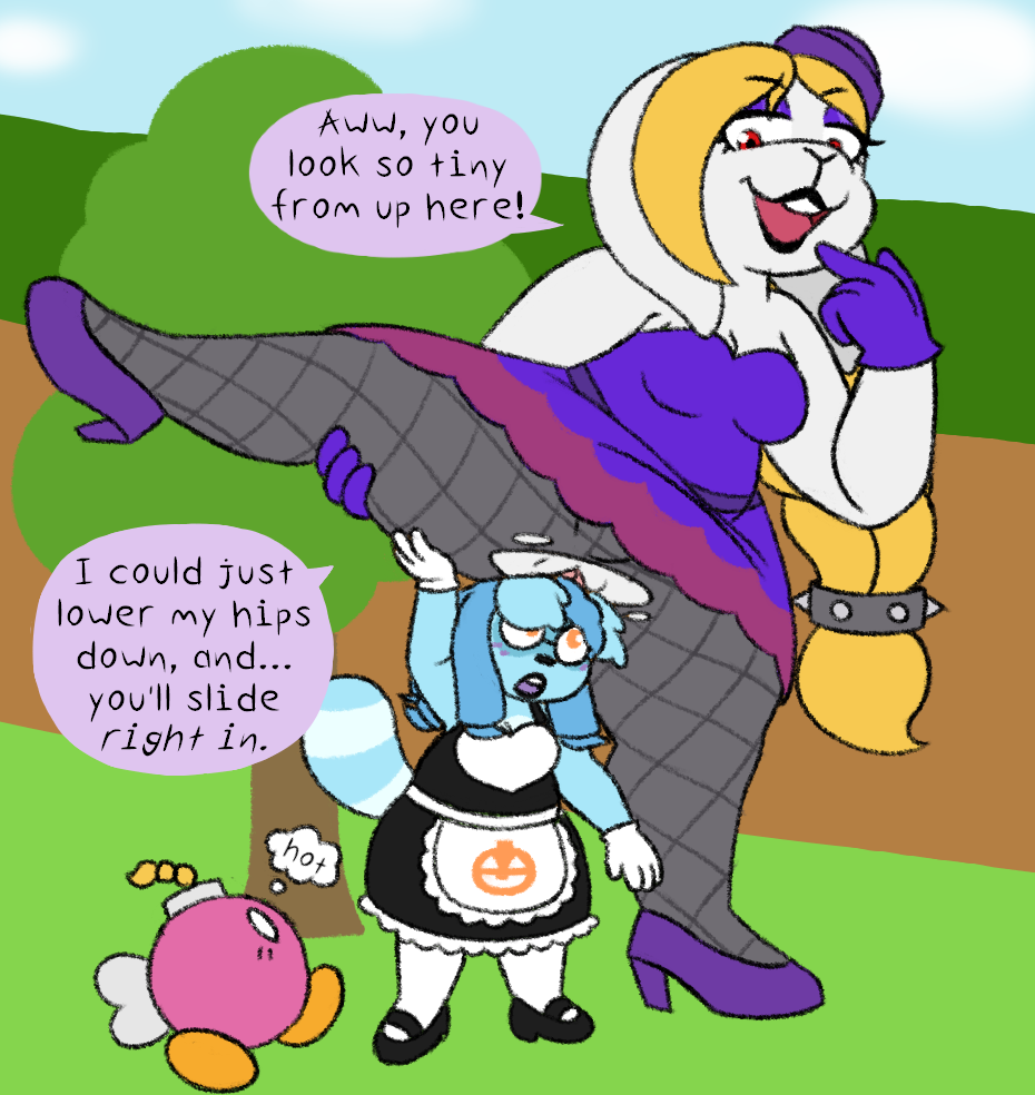 3girls, anthro, black clothing, black dress, black lipstick, blonde hair, blue body, blue fur, blue hair, blush, bob-omb, bombette, bottomwear, braided hair, broodal, clothing, dress, duo focus, extreme size difference, eyewear, fascinator (headgear), female, female/female, fishnet bottomwear, fishnet clothing, fishnet leggings, fishnet legwear, footwear, fur, furry, furry female, genitals, glasses, gloves, group, hair, handwear, hariet (mario), hat, headgear, headwear, high heels, holding leg, holding up leg, imminent vore, jade (jadebbutts), jadebbutts, lagomorph, leggings, legwear, leporid, lipstick, living insertion, living insertion play, macro, maid uniform, makeup, mammal, mario (series), mario bros, markings, nintendo, paper mario, plant, procyonid, purple blush, purple clothing, purple dress, purple footwear, purple gloves, purple handwear, purple hat, purple headwear, purple high heels, rabbit, raccoon, raised leg, shoes, shortstack, simple background, size difference, striped markings, striped tail, stripes, super mario odyssey, tail, tail markings, thick thighs, threatening vore, tights, torn bottomwear, torn clothing, torn legwear, torn tights, trans (lore), trans woman (lore), tree, trio, unbirthing, uniform, vaginal penetration, vore, vulva, white body, white clothing, white fur, white gloves, white handwear