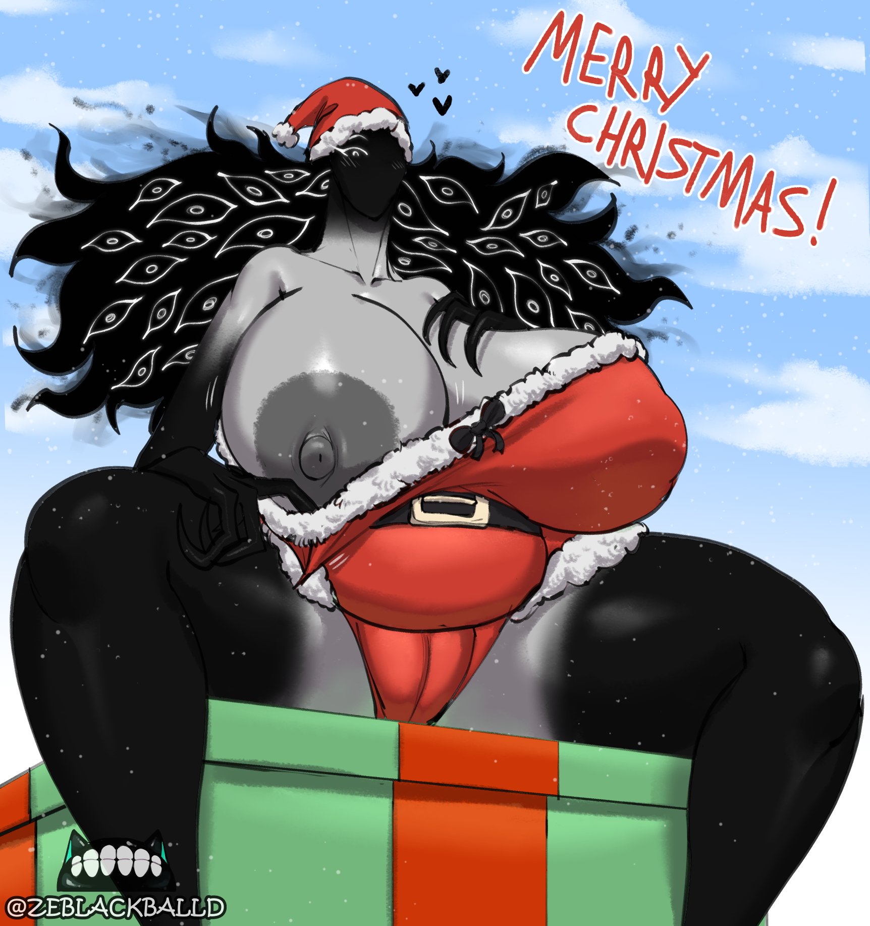 areola, areolae, big areola, breasts, christmas, christmas present, curvy female, female, huge areolae, huge breasts, large areolae, looking at viewer, looking down, monster girl, santa costume, the visitor (zeblackballd), thick thighs, voluptuous, voluptuous female, ze blackball.d, zeblackballd (artist)