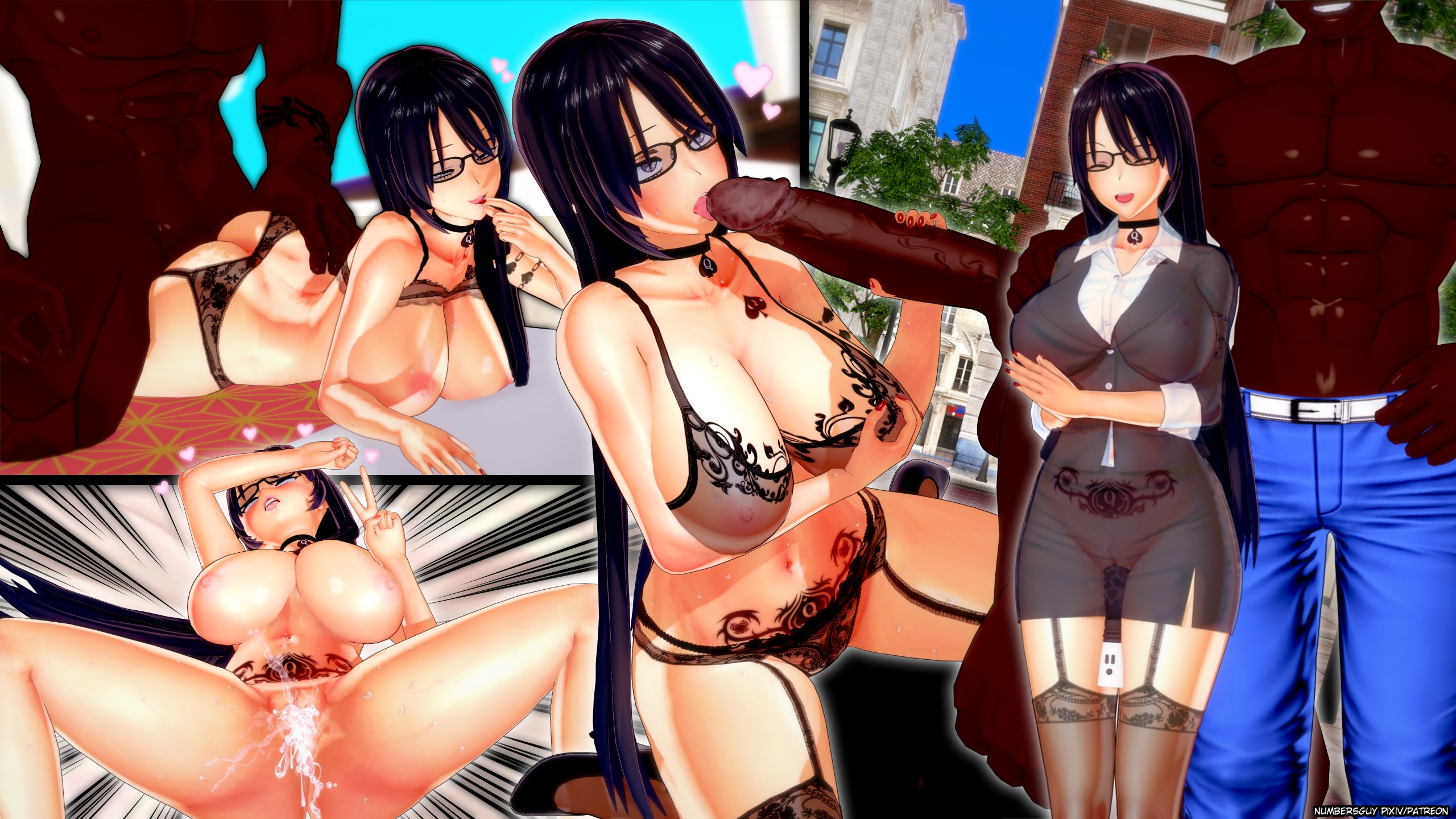 1boy, 1girls, 3d, big penis, breasts, cum, cum in pussy, dark skin, dark-skinned male, fellatio, female, glasses, interracial, koikatsu, large breasts, male, numbersguy, original, penis, pussy, queen of spades, sensei (numbersguy), spade, tattoo, teacher, v