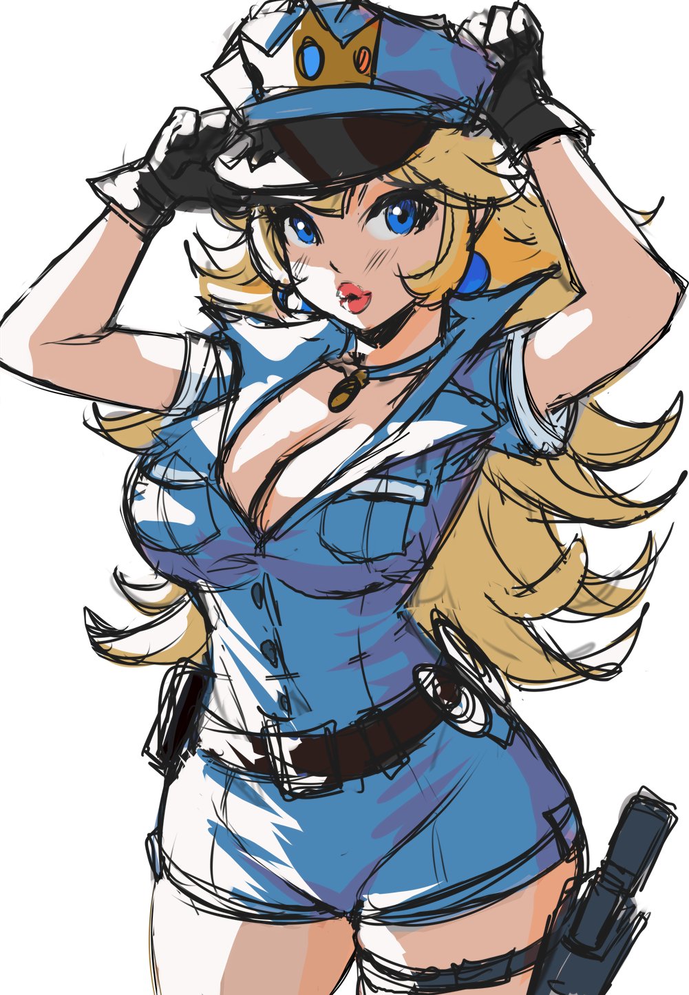 1girls adjusting_clothes adjusting_hat arms_up belt big_breasts black_belt black_gloves blonde_hair blue_eyes breasts cap cleavage clothing colored_sketch cowboy_shot crown curvaceous curvaceous_body curvaceous_female curvaceous_figure curvy curvy_body curvy_female curvy_figure earrings enmanuelart20 facing_viewer female female_focus female_only gloves gun gun_holster handcuffs hat hourglass_figure jewelry lipstick long_hair looking_at_viewer mario_(series) medium_breasts mini_crown necklace neckwear nintendo outfit parted_lips peaked_cap pink_lips pink_lipstick pistol plain_background pocket pockets police police_hat police_officer police_uniform policewoman pose princess_peach radio revealing revealing_clothes royalty shorts simple_background sketch skimpy skimpy_clothes solo solo_female solo_focus standing uniform very_long_hair voluptuous voluptuous_female walkie_talkie white_background