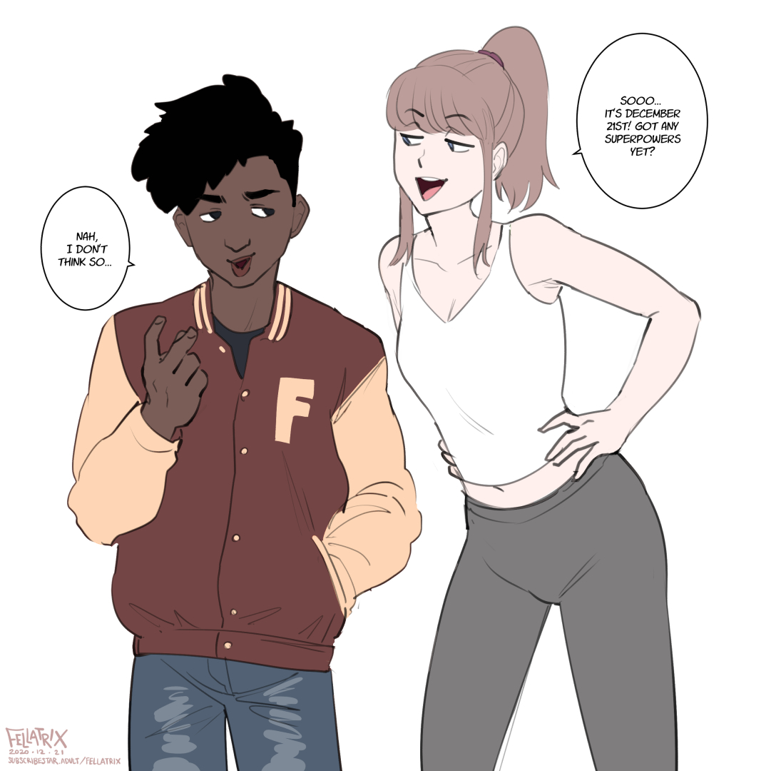 1boy, 1girls, bangs, black hair, black legwear, blazer, blue eyes, breasts, brown hair, dark skin, dark-skinned male, english text, fellatrix, female, jacket, male, meme, ponytail, short hair, small breasts, speech bubble, white background, white topwear