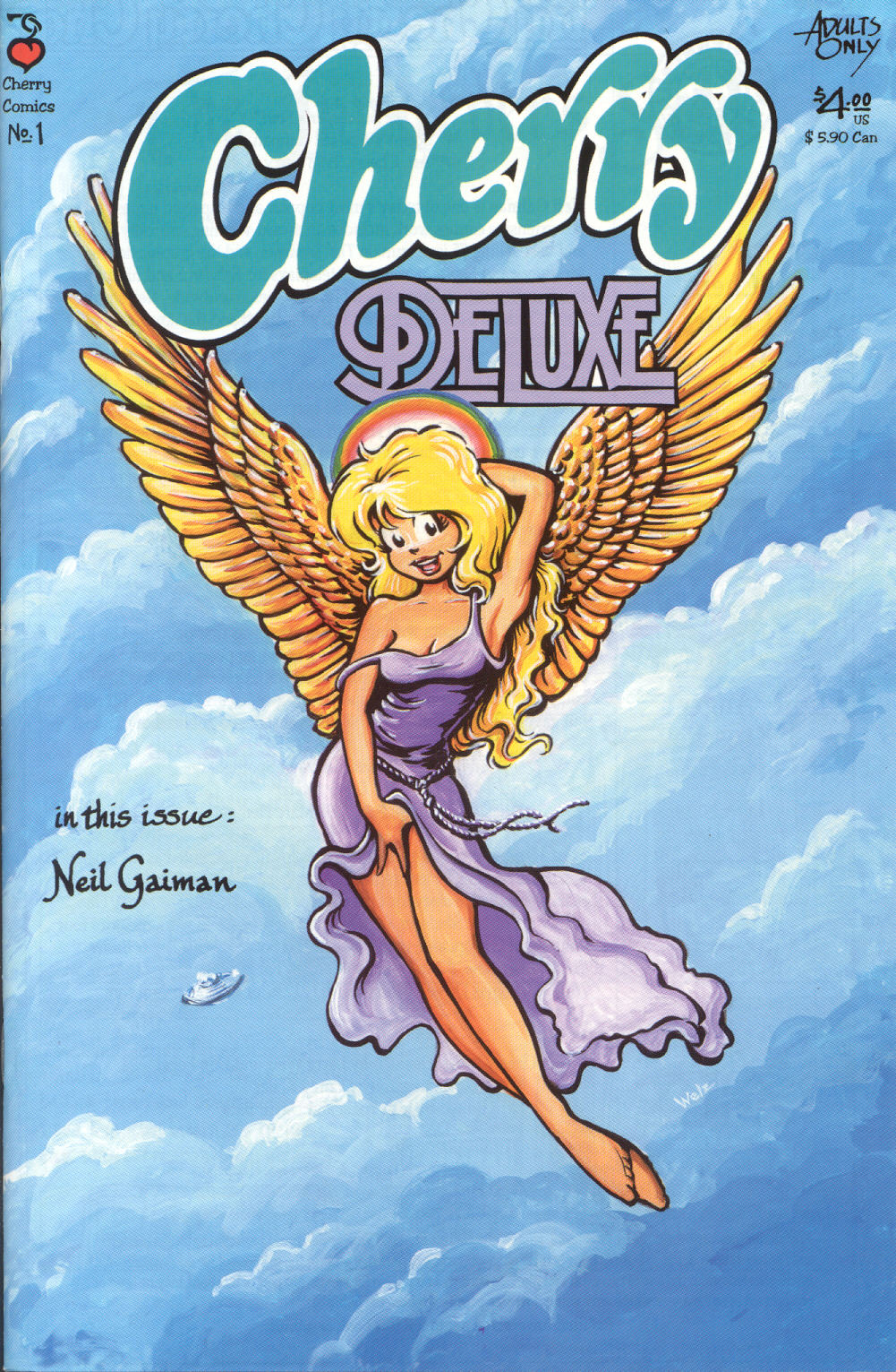 angel angel_wings blonde_hair cherry_poptart cherry_poptart_(comic) clouds comic comic_cover female gold_wings halo hand_on_pussy larry_welz open_mouth pale-skinned_female pale_skin posing posing_in_air purple_dress purple_robe rainbow_halo sky straight_hair touching_pussy wings