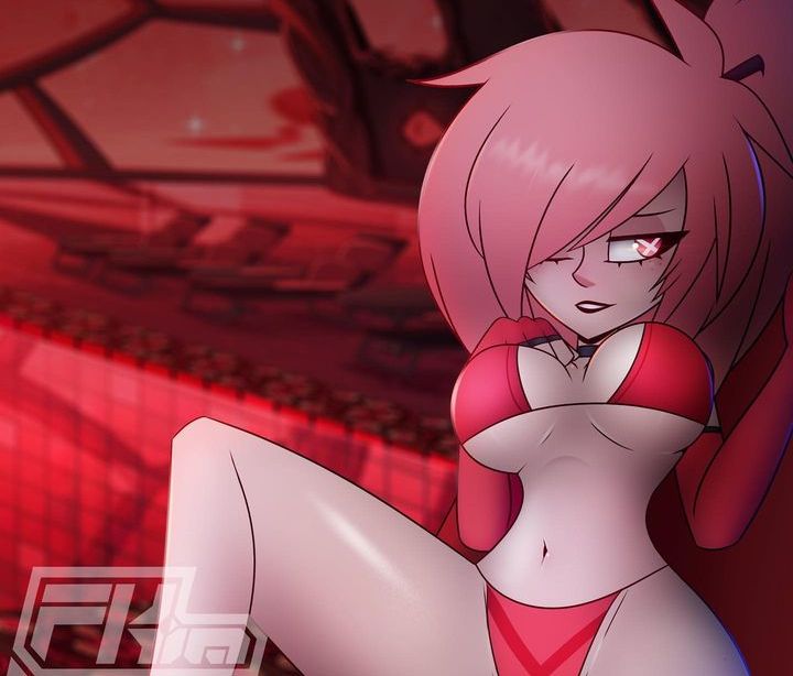 1girls, armwear, ass, big ass, big butt, cherri bomb, demon, female, fkimnsfw, hazbin hotel, human, one eye closed, one eye visible, pink hair, red bikini bottom, red bikini top, red clothing, succubus, thick ass, thick thighs, white body, x eyes