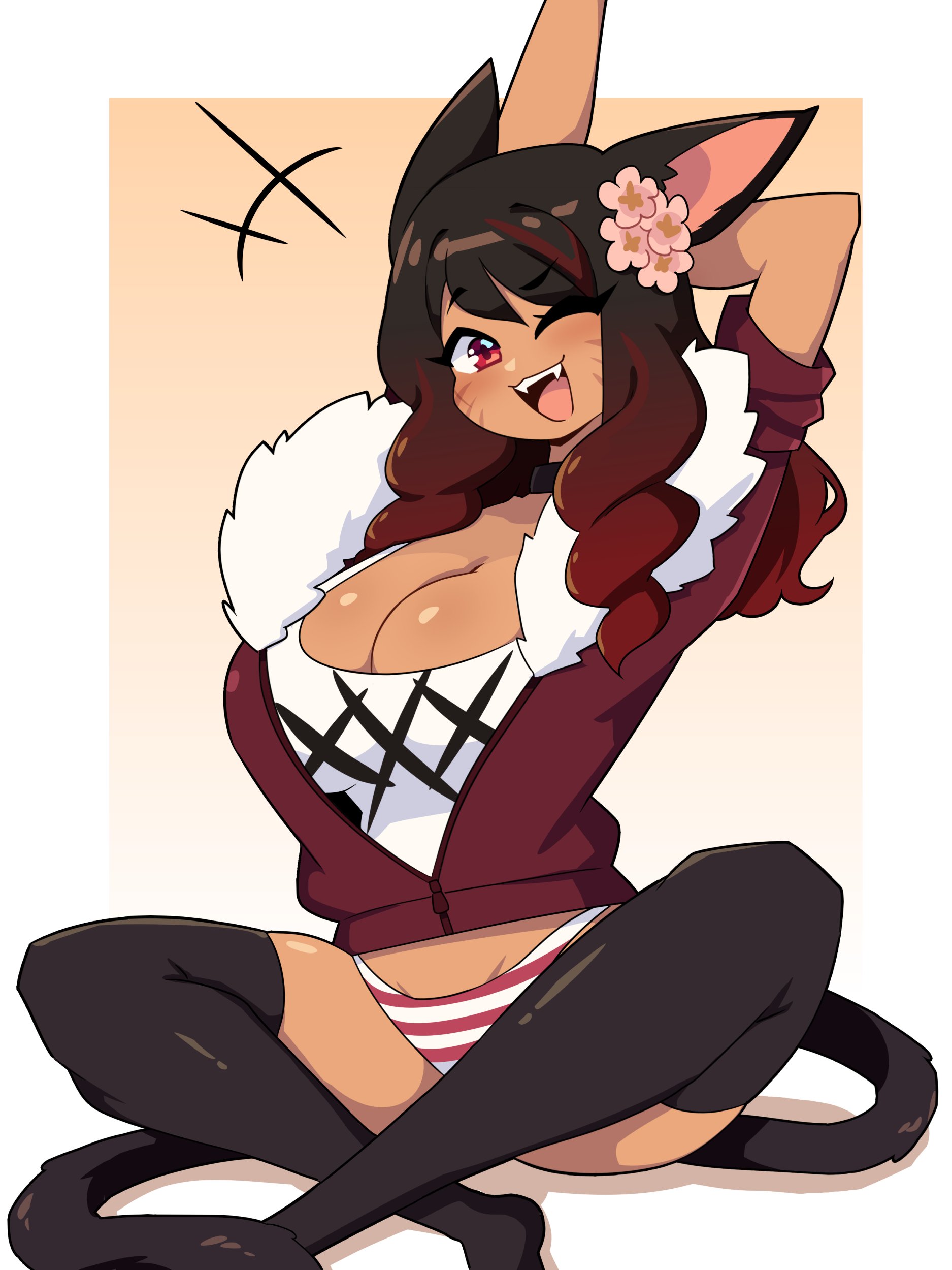 1girls, 2024, arm behind head, arm up, big breasts, black hair, black thighhighs, breasts, cat ears, cat girl, cat tail, catgirl, cleavage, commission, crossed legs, fangs, female, female only, final fantasy, final fantasy xiv, flower in hair, hi res, hoodie, j5daigada, looking at viewer, miqo'te, open mouth, panties, red eyes, red hair, sitting, smiling, smiling at viewer, solo, stretching, tail, thighhighs, two-tone hair, unzipped, whisker markings, wink, winking at viewer
