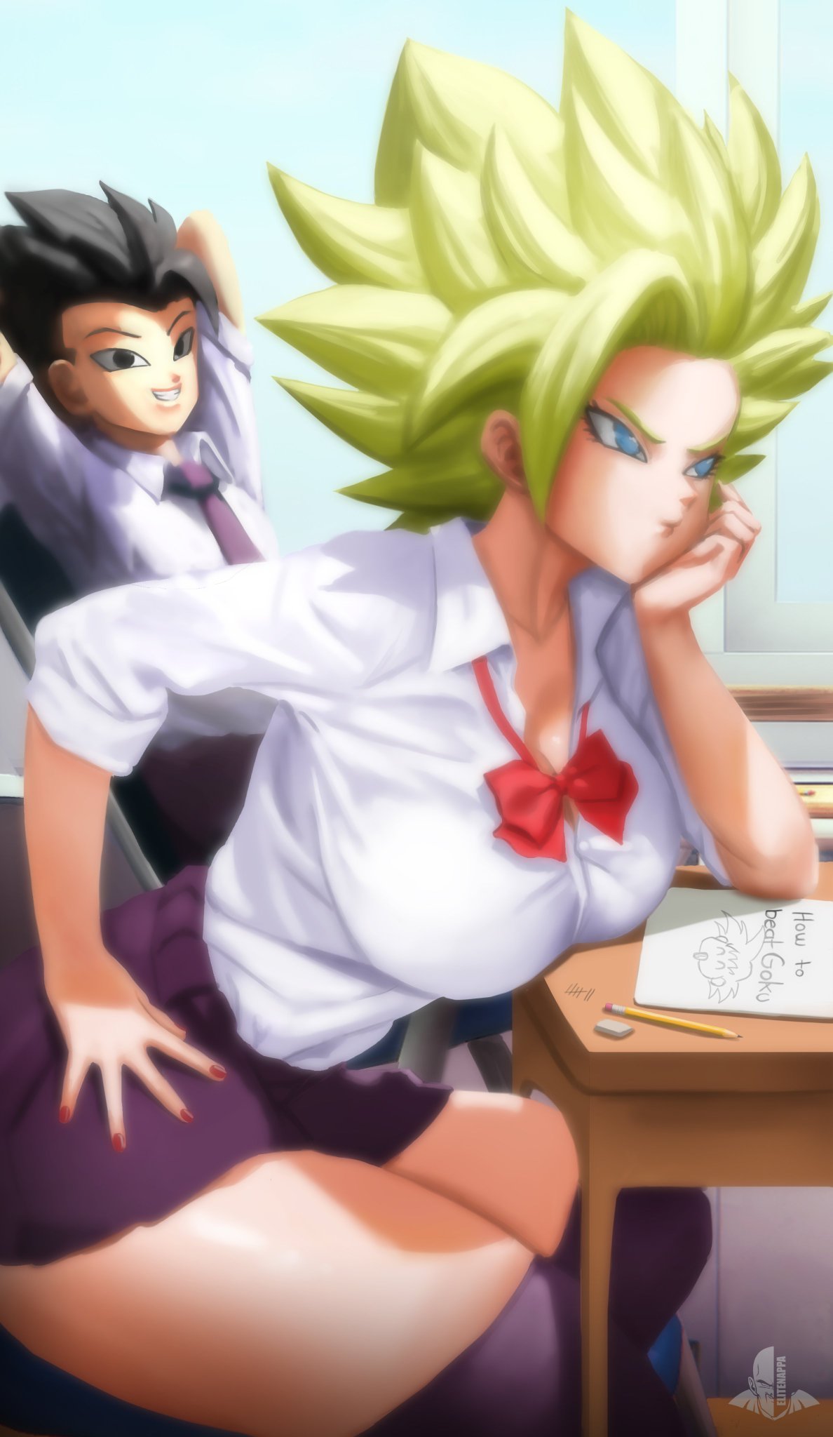 1boy 1girls big_breasts breasts cabba caulifla desk dragon_ball dragon_ball_super elitenappa female hand_on_chin legendary_super_saiyan male school_uniform schoolgirl skirt super_saiyan super_saiyan_2 thighhighs