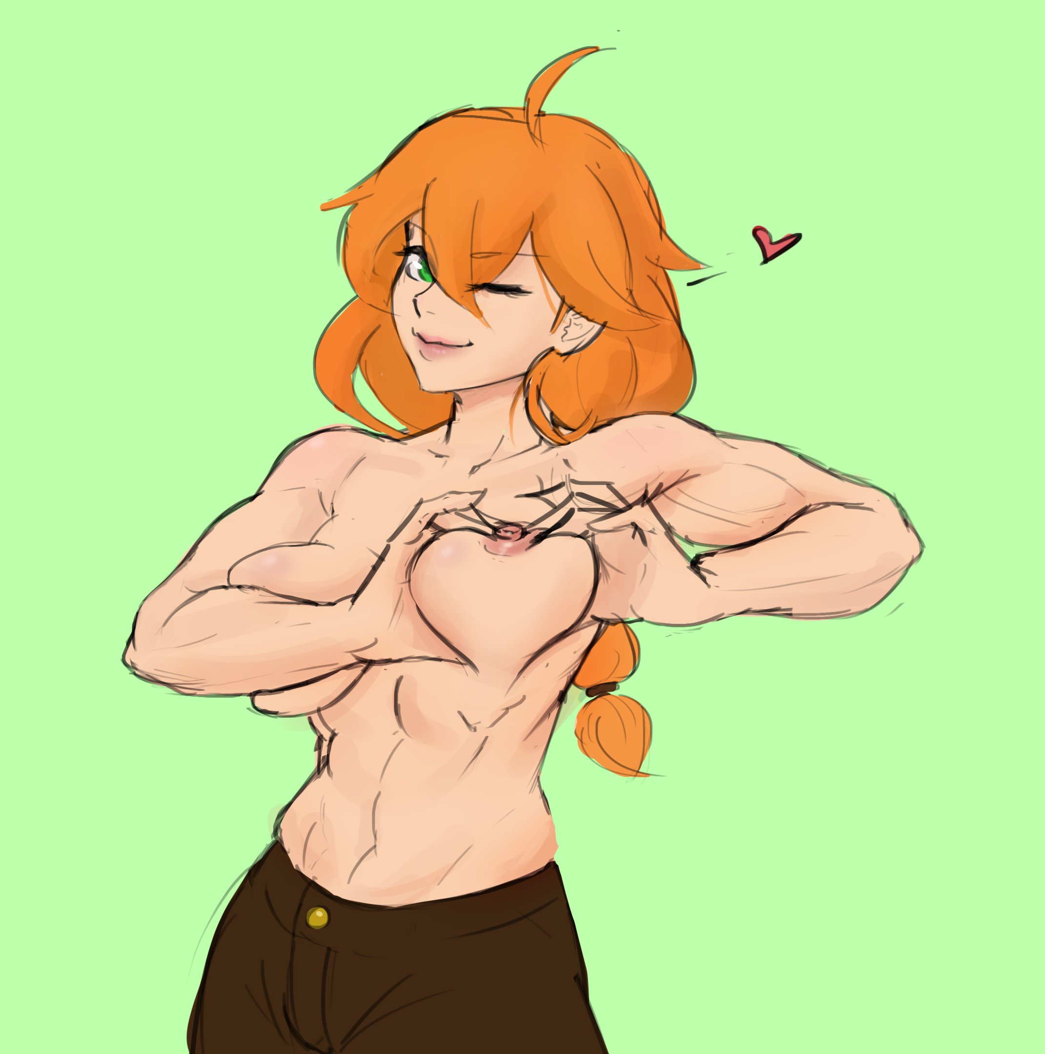 abs, alex (minecraft), braid, braided hair, breast squeeze, breasts, female, female only, green eyes, heart, heart-shaped boob challenge, light skin, light-skinned female, minecraft, muscular, muscular female, orange hair, orange-haired female, partially clothed, red hair, rezillust, topless, topless female, wink
