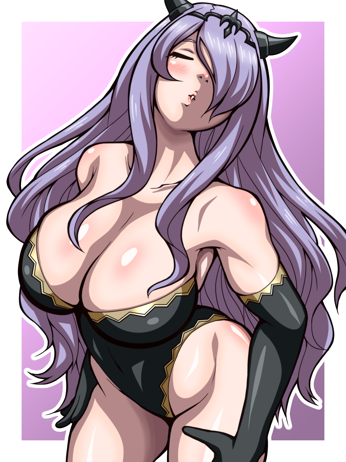 1girls, bare thighs, breasts, camilla (fire emblem), cleavage, closed eyes, elbow gloves, female, fire emblem, fire emblem fates, gloves, hair over one eye, inabakun00, kissing, large breasts, leotard, long hair, nintendo, purple hair, solo, solo female