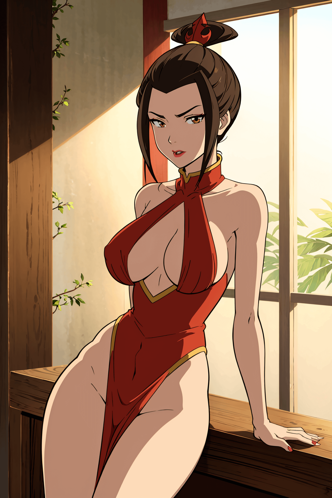 1girls, ai generated, avatar legends, avatar the last airbender, azula, big breasts, breasts, busty, cleavage, female, fire nation, hair ornament, looking at viewer, pose, posing, thighs, tied hair