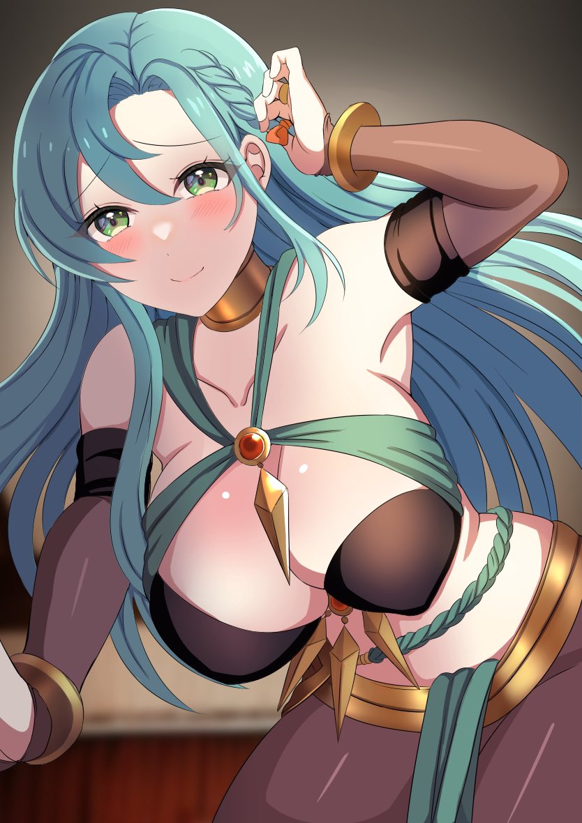 1girls absurdres adjusting_hair alternate_costume aqua_hair armpits bare_midriff black_gloves black_pantyhose blue_hair blush bracelet braid breasts bridal_gauntlets chloe_(fire_emblem) choker cleavage closed_mouth cosplay criss-cross_halter dancer dorothea_arnault_(cosplay) dorothea_arnault_(plegian) dorothea_arnault_(plegian)_(cosplay) earrings elbow_gloves female female_only fire_emblem fire_emblem_engage fire_emblem_heroes gloves gold_bracelet gold_choker green_eyes halterneck highres indoors jewelry large_breasts long_hair looking_at_viewer midriff nintendo pantyhose pelvic_curtain plegian smile solo tara_(szzj7733) very_long_hair