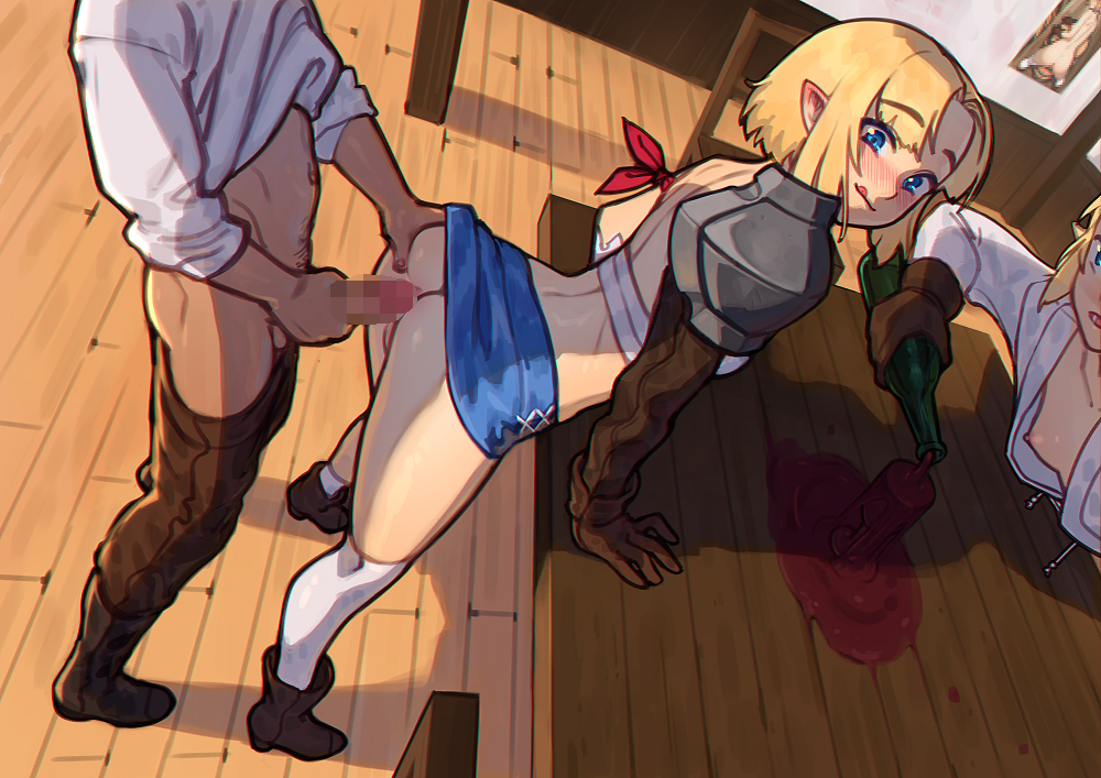 1boy 2girls :q alcohol armband armor ass bandeau bent_over blonde_hair blue_eyes blue_skirt blush boots bottle breasts censored clothes_pull elbow_gloves elf erection gloves hand_on_another's_ass hand_on_own_penis human imminent_anal imminent_sex ivnir_the_elf_(nilsunna) kneehighs leather leather_gloves looking_back male_human/female_elf miniskirt mosaic_censoring neliel_(nilsunna) nilsunna nipples no_panties original overflowing pants pants_pull pauldrons pointy_ears pouring shirt_lift short_hair shoulder_armor skirt small_breasts spread_ass spreading sunna_(nilsunna) table tongue tongue_out wine wine_bottle wooden_chair wooden_floor wooden_table