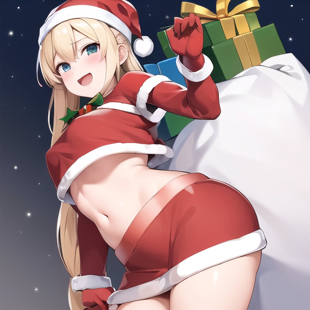 ai_generated blue_eyes christmas_outfit female gloves nemus_waifu_generator presents santa_costume santa_hat solo