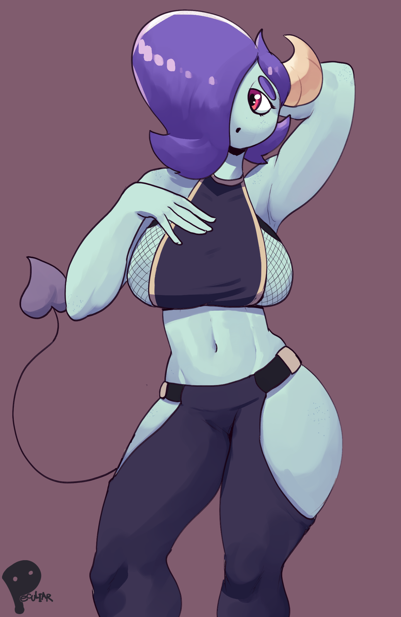 big breasts, blue skin, breasts, dandy demons, female, hair covering eye, hair covering one eye, hair over one eye, heart shaped tail, hips, horn, horns, looking away, outfit, peculiart, pink eyes, purple background, purple hair, revealing, revealing outfit, silvia (peculiart), tail, wide hips