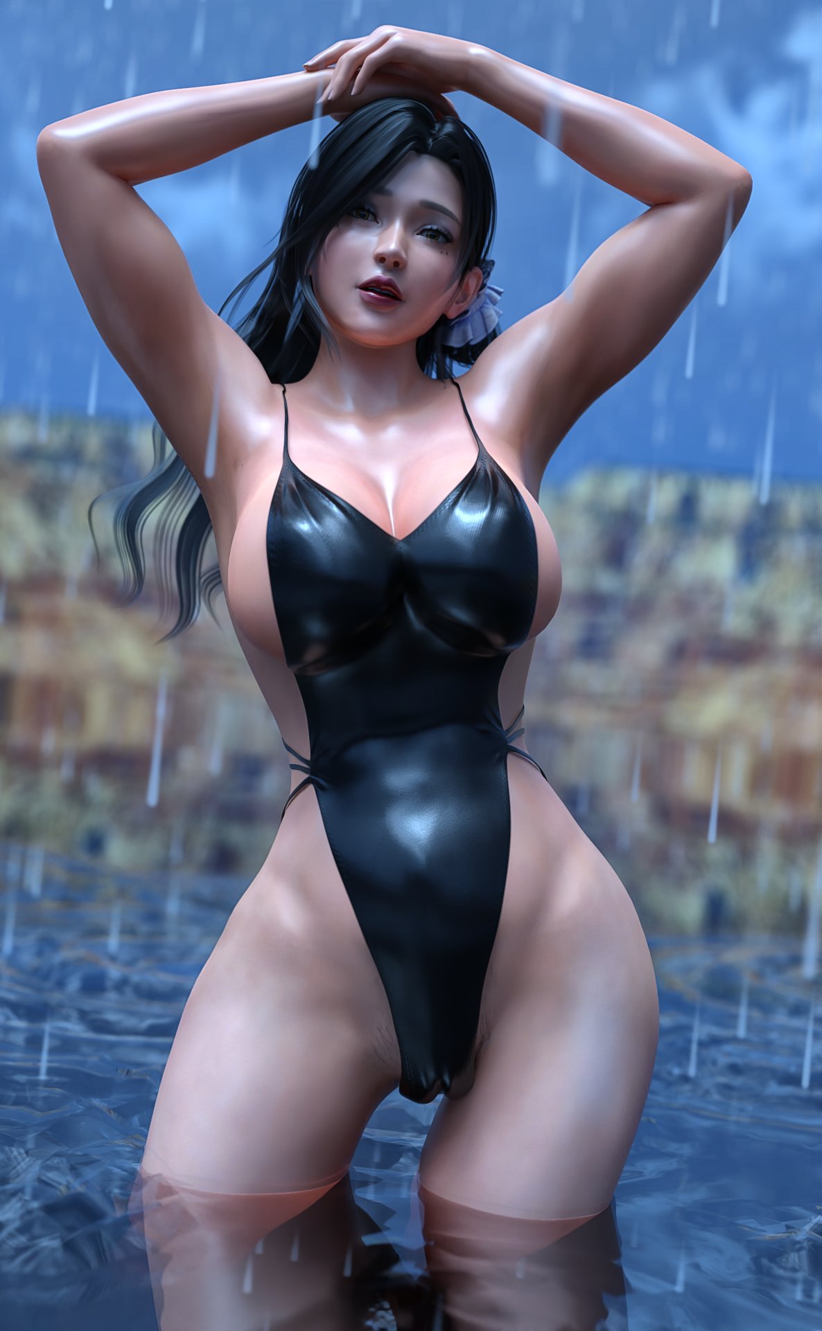 1girls, 2021, 3d, 3d (artwork), armpits, asian, asian female, big breasts, black hair, breasts, brown eyes, bryn, brynhildr93, cameltoe, child bearing hips, cleavage, dead or alive, dead or alive xtreme venus vacation, female, female only, huge breasts, human, human only, japanese female, large breasts, light skin, light-skinned female, long hair, looking at viewer, no sex, open mouth, outdoors, parted lips, pose, posing, pubes, pubic hair, pubic hair peek, pussy, rain, sayuri (dead or alive), solo, solo female, standing, standing in water, straight hair, swimsuit, thick thighs, water, wide hips, young female