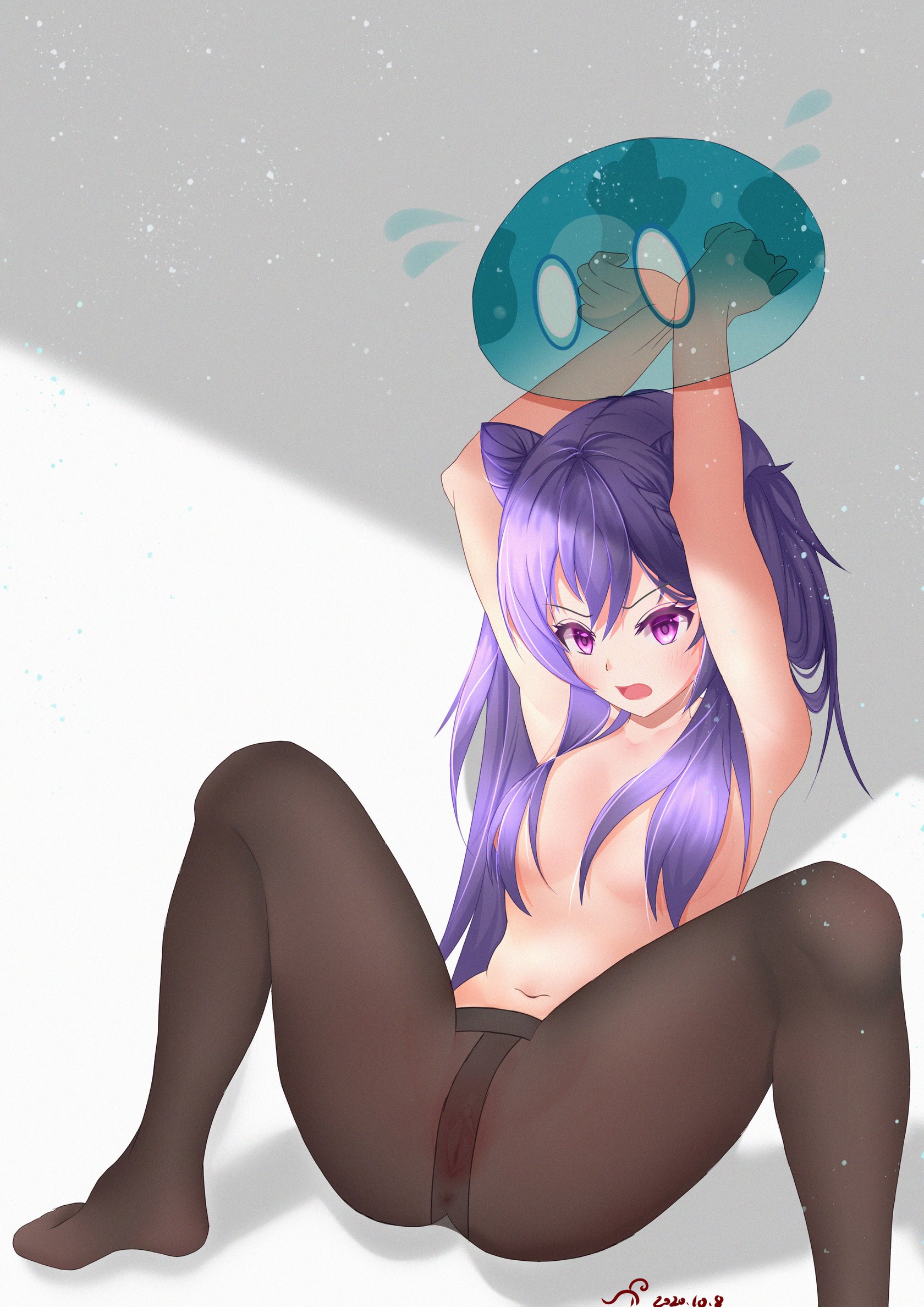 1girls, arms tied above head, bondage, breasts, female, genshin impact, hair censor, hair covering breasts, hair on head, helpless, keqing (genshin impact), open mouth, pantyhose, pinned, pubic hair, purple eyes, restrained, slime, slime (genshin impact), slime monster, spread legs, stuck, submissive, twintails