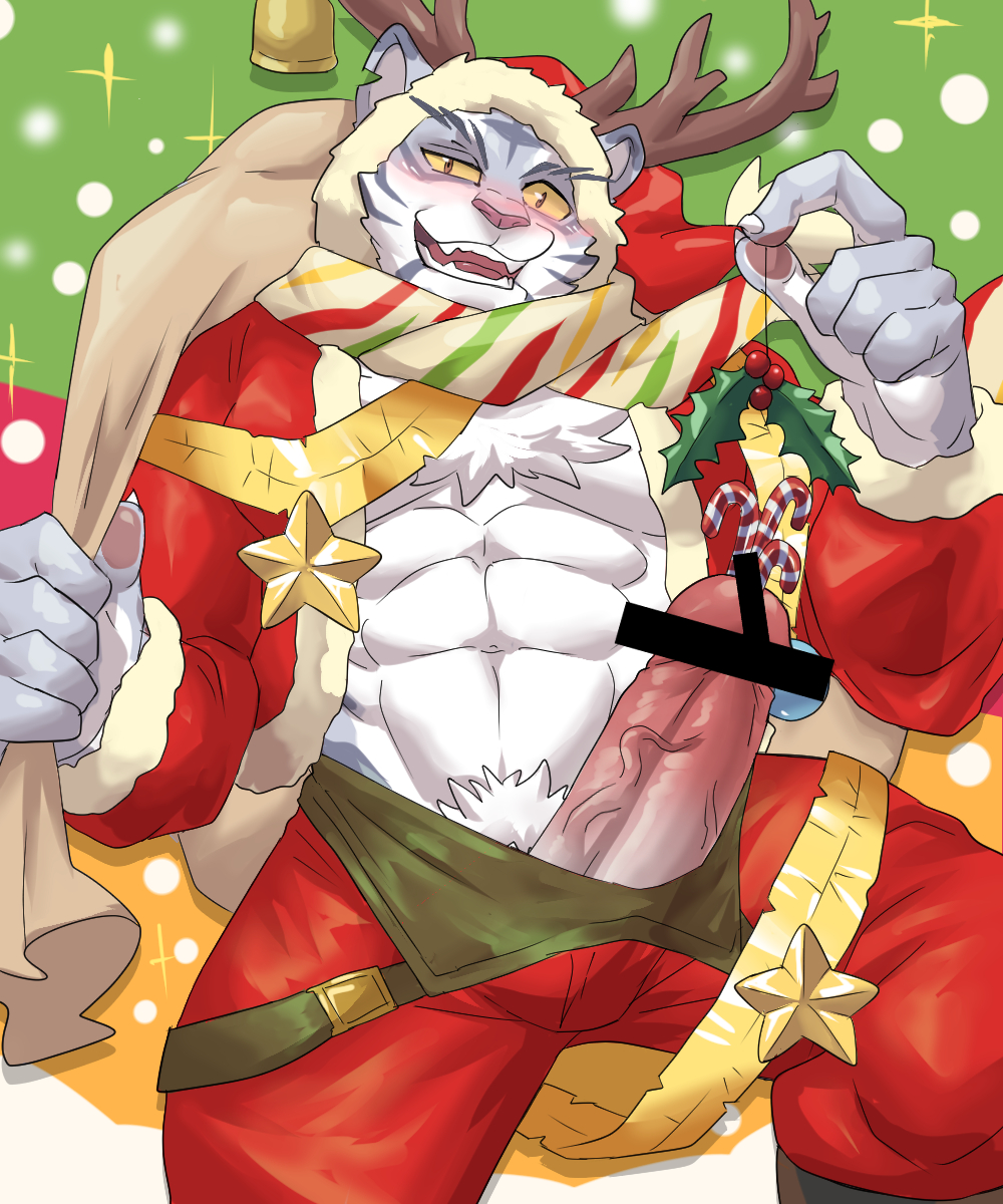 1boy abs animal_ears antlers bar_censor bara blush bulge candy candy_cane censored christmas colored_sclera erection erection_under_clothes feet_out_of_frame food furry furry_male gift_bag girthy_penis grey_fur hat highres large_hands large_pectorals looking_at_viewer male_focus male_pubic_hair male_urethral_insertion muscular muscular_male naughty_face navel nimbus_(world_flipper) official_alternate_costume overalls_pull pectorals penis pubic_hair red_headwear reindeer_antlers santa_costume santa_hat short_hair smile snout solo sparkle_background stomach tail thick_eyebrows thick_thighs thighs tiger_boy tiger_ears tiger_tail underpec uneven_eyes urethral urethral_insertion weedwolfeatmeat white_fur world_flipper yellow_sclera