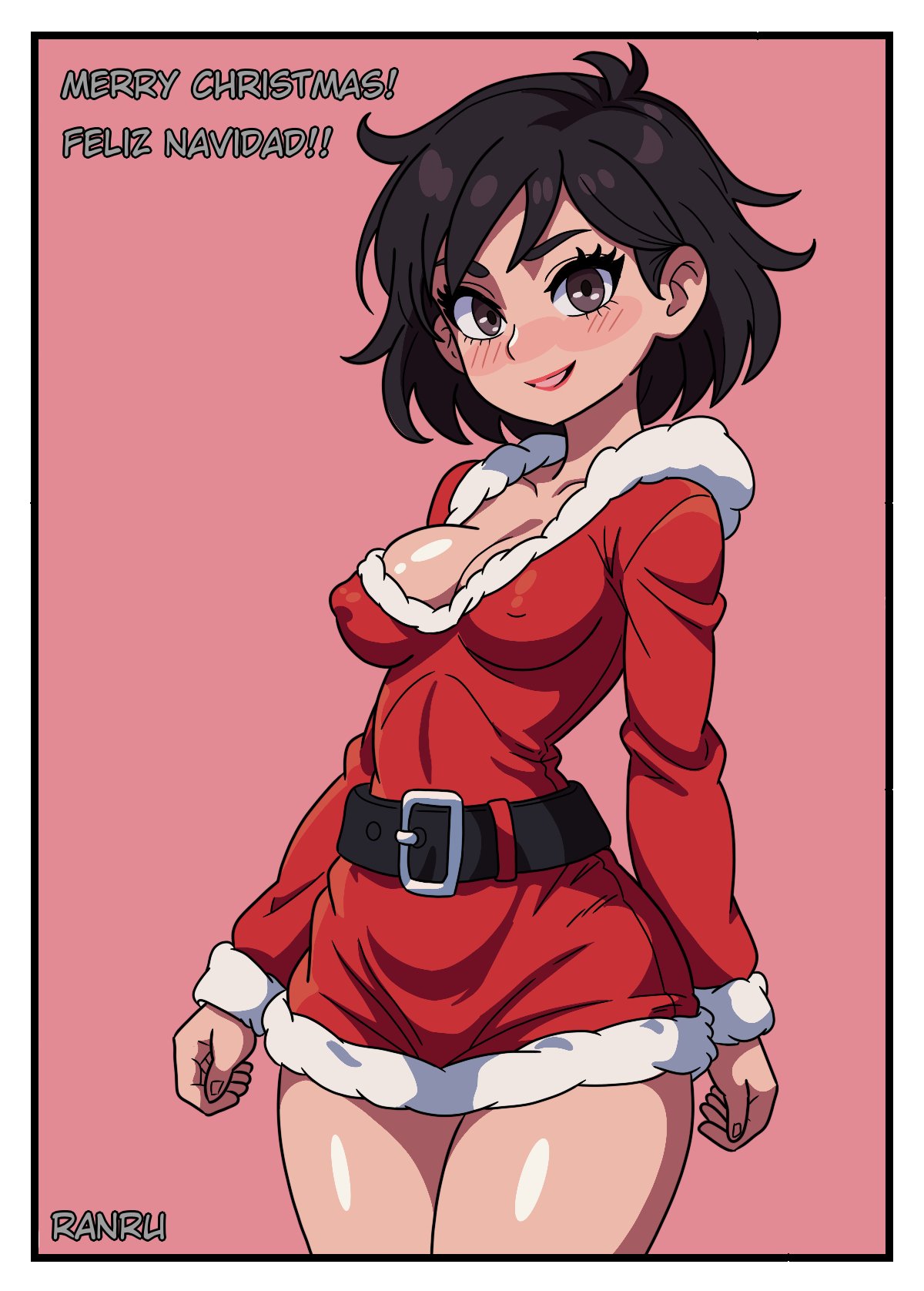 1girls areolae athletic_female belt big_breasts black_hair blush breasts brown_eyes busty cleavage clothed curvy_figure female female_focus female_only highres hourglass_figure large_breasts legs light-skinned_female looking_at_viewer nipples_visible_through_clothing original_character panties ranru red_clothing santa_costume shaved_pussy shiny shiny_skin short_hair smile thick thick_legs thick_thighs toned_female voluptuous_female