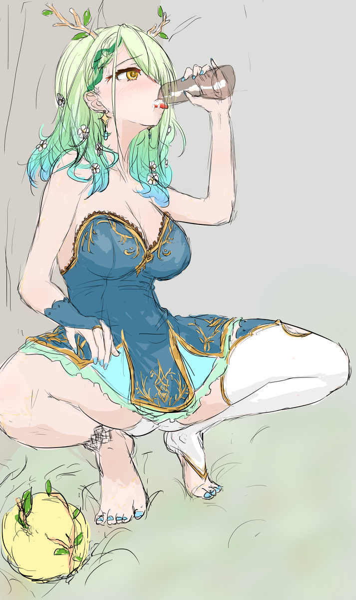 1girls, absurd res, armwear, blue hair, blue nails, breasts, ceres fauna, dress, drinking, eyebrows visible through hair, female, female focus, female only, fingernails, green hair, grey background, hololive, hololive english, hololive english -council-, hololive english -promise-, horn, horns, light skin, light-skinned female, looking to the side, medium breasts, medium hair, multicolored hair, nail polish, pale skin, pale-skinned female, panties, squatting, stockings, thick thighs, toenail polish, toenails, virtual youtuber, white panties, yellow eyes