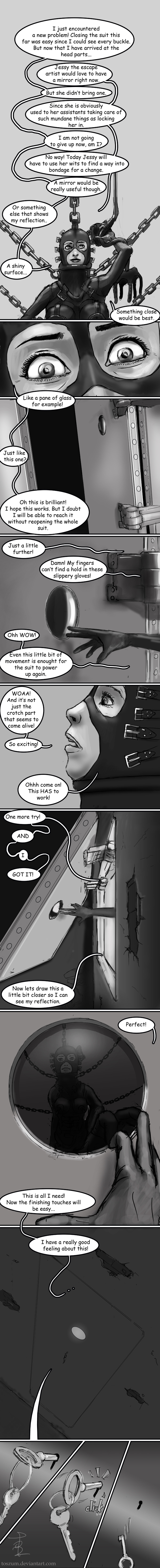 black_and_white bondage bondage_gear bound comic comic_page english_text female key latex self_bondage tagme text text_bubble toszum