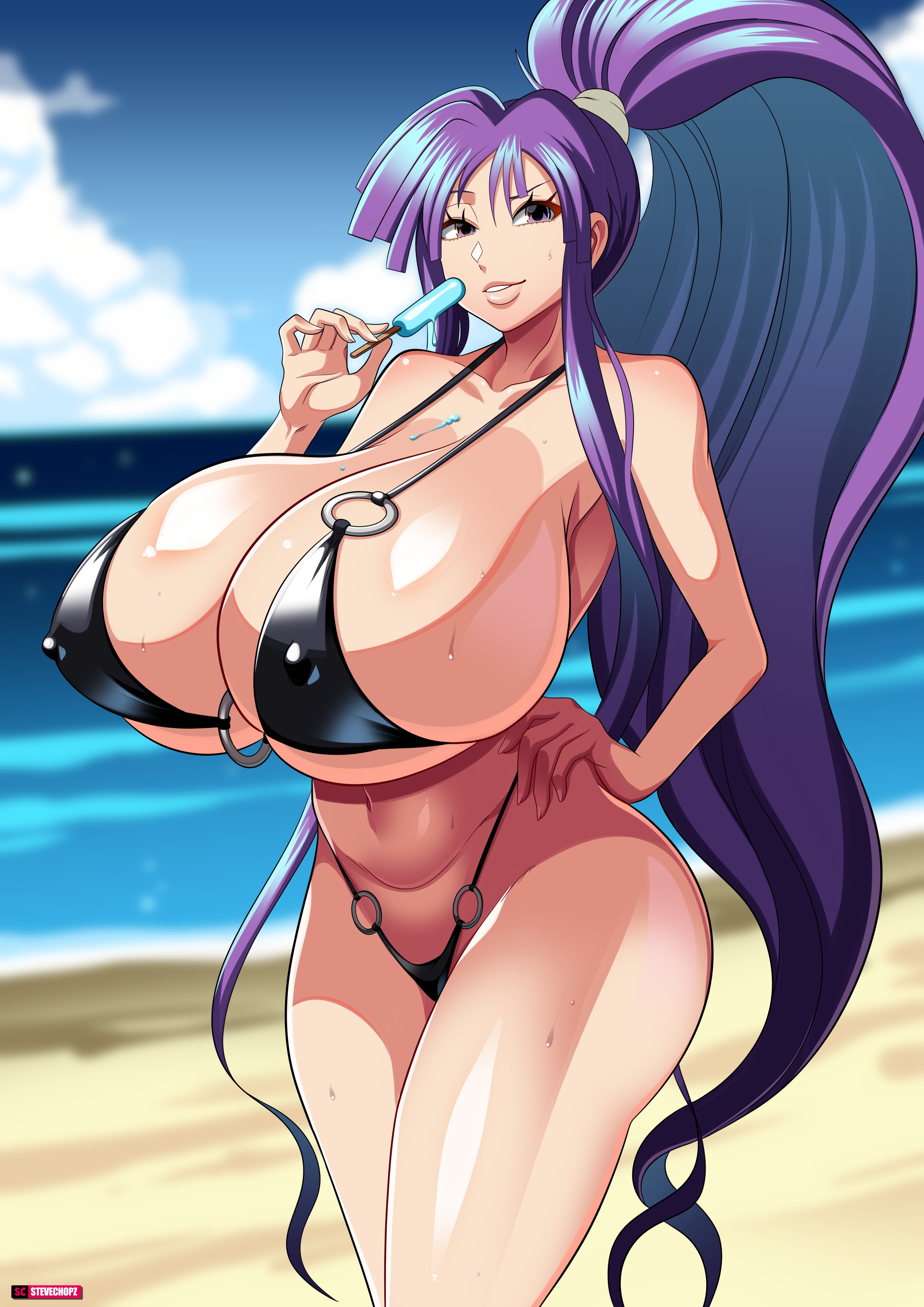 beach, bikini, black bikini, breasts, eiken, female, hyper breasts, kirika misono, light skin, light-skinned female, micro bikini, ponytail, popsicle, purple hair, sexually suggestive, stevechopz, sweat, sweating, thick thighs
