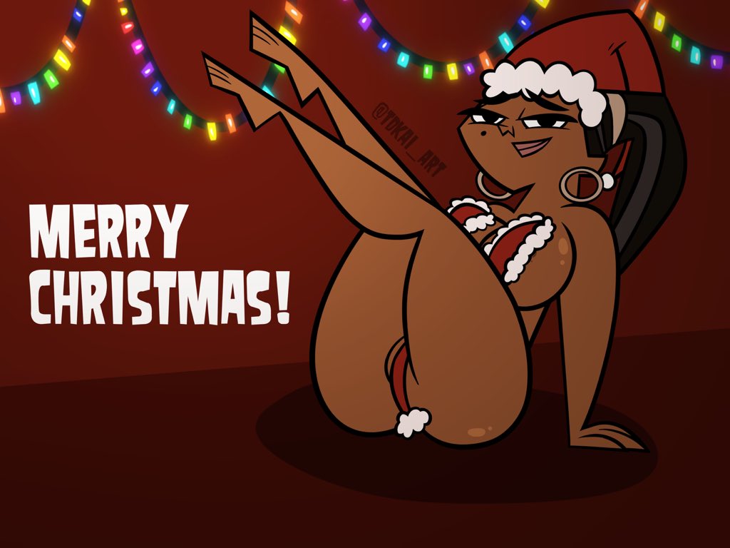 1female 1girls accurate_art_style big_ass big_breasts cartoon christmas christmas_hat christmas_lights christmas_outfit feet female female_only legs leshawna_(tdi) ponytail red_background santa_hat solo tdkai_art thick_thighs total_drama_(series) total_drama_island voluptuous voluptuous_female