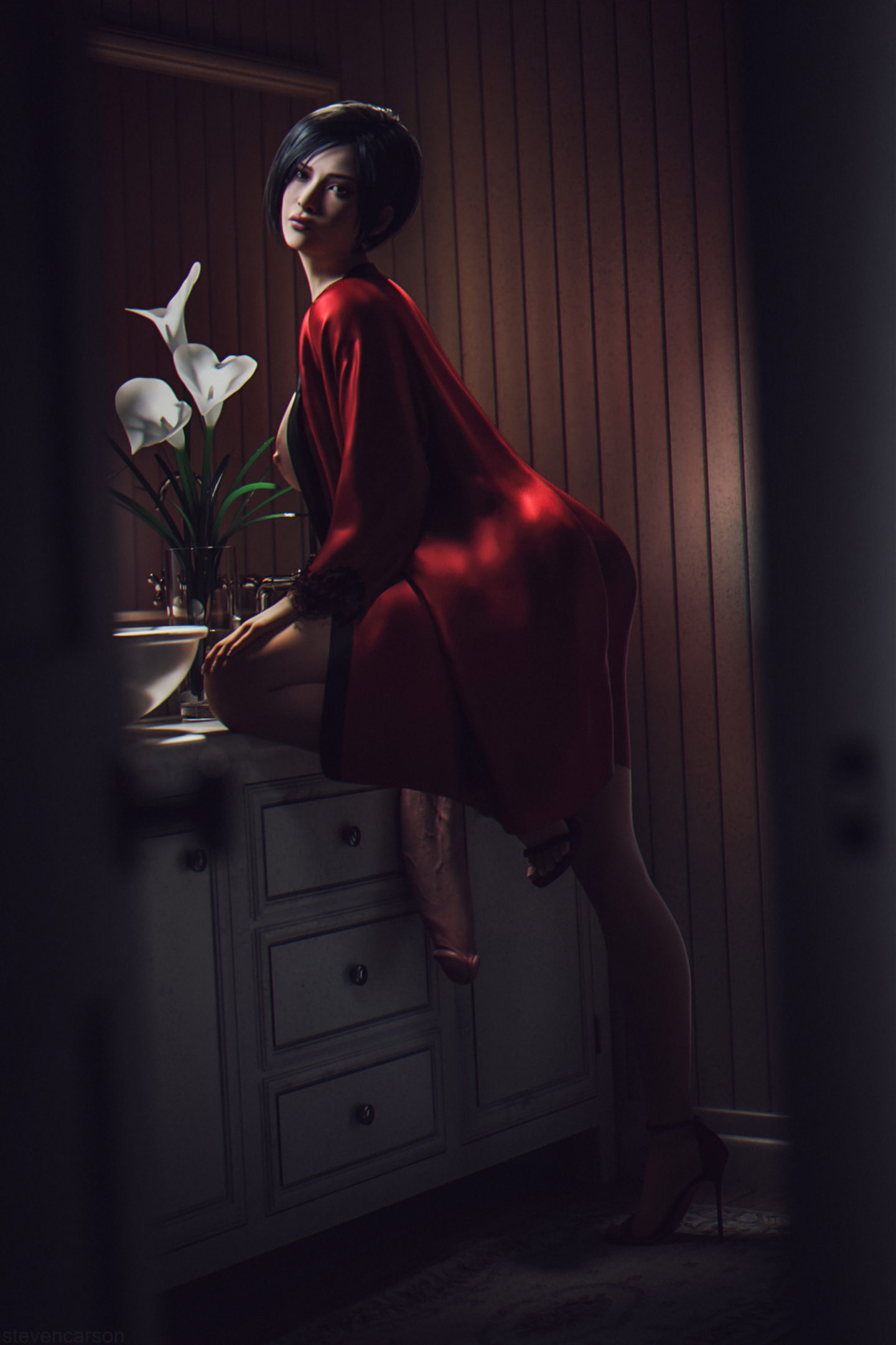 1futa, 3d, ada wong, areolae, breasts, erection, futa only, futanari, high heels, huge cock, intersex, nipples, no eyewear, penis, resident evil, resident evil 2, solo, stevencarson