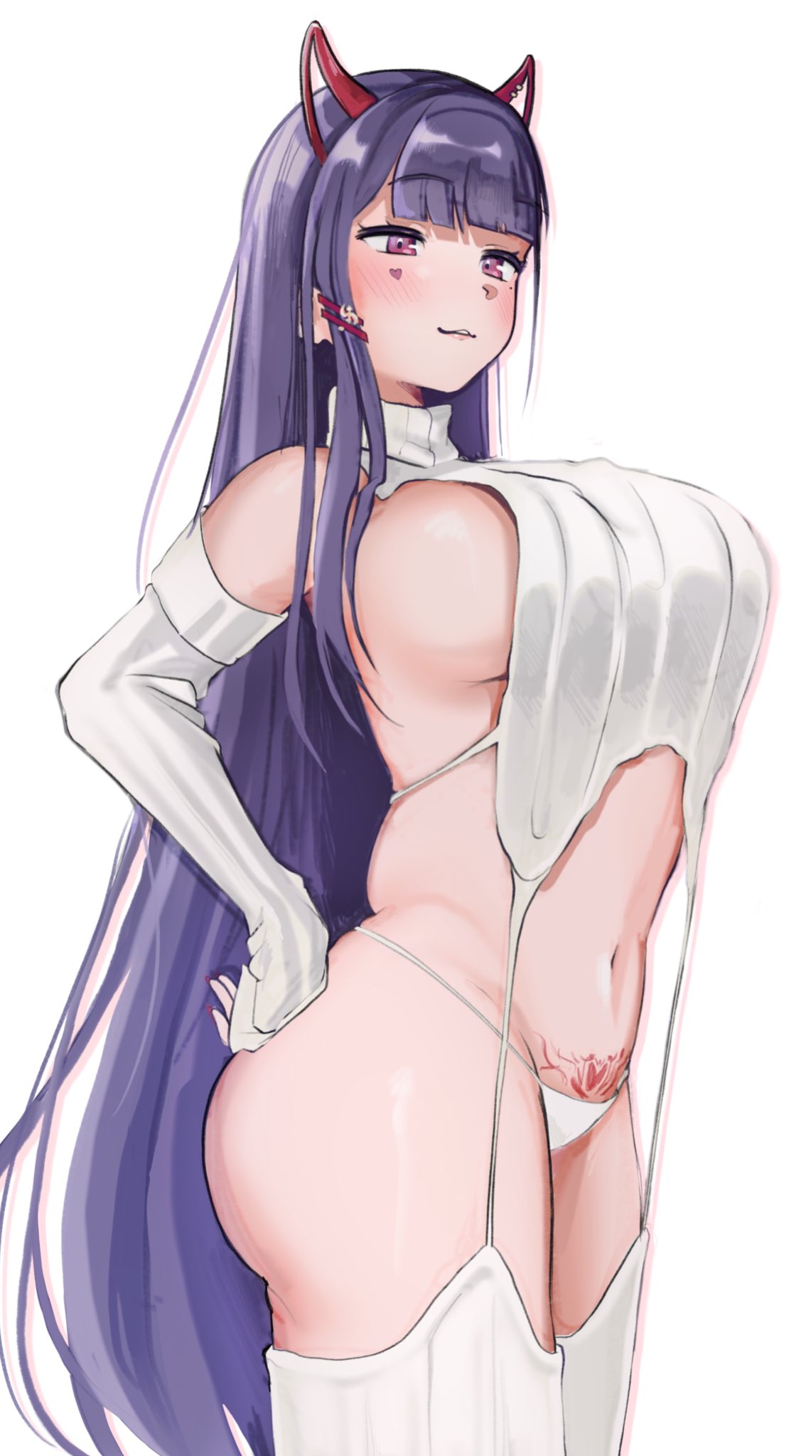 1girls 555_viri akuma_nihmune beauty_mark blush blushing clothed clothing elbow_gloves female female_only gloves hairclip indie_virtual_youtuber light-skinned_female light_skin long_hair marking_below_eyes mole mole_under_eye pubic_tattoo purple_eyes purple_hair revealing_clothes sideboob skimpy_clothes solo succubus succubus_tattoo sweater tattoo very_long_hair virtual_youtuber