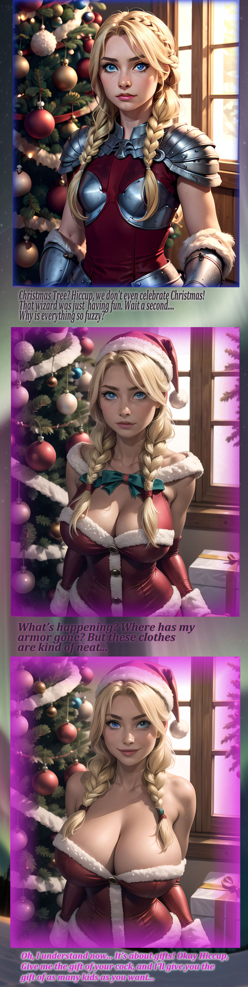 1girls, ai generated, astrid hofferson, blonde hair, blue eyes, braid, braided hair, braids, breast expansion, breast growth, breast growth (enlargement), breasts, canon couple, christmas, christmas clothing, christmas decorations, christmas hat, christmas headwear, christmas ornaments, christmas outfit, christmas present, christmas tree, cleavage, comic, comic panel, comic strip, couple, curvaceous, curvy, curvy body, curvy female, curvy figure, dreamworks, exposed, exposed breasts, female, female only, happy, happy female, heroine, hiccup horrendous haddock iii, horny, horny female, hourglass figure, how to train your dragon, huge breasts, imminent sex, inner sideboob, large breasts, light skin, light-skinned female, seductive, seductive eyes, seductive gaze, seductive look, seductive mouth, seductive pose, seductive smile, smile, solo, solo female, straight, text, transformation, viking, viking female, voluptuous, voluptuous female
